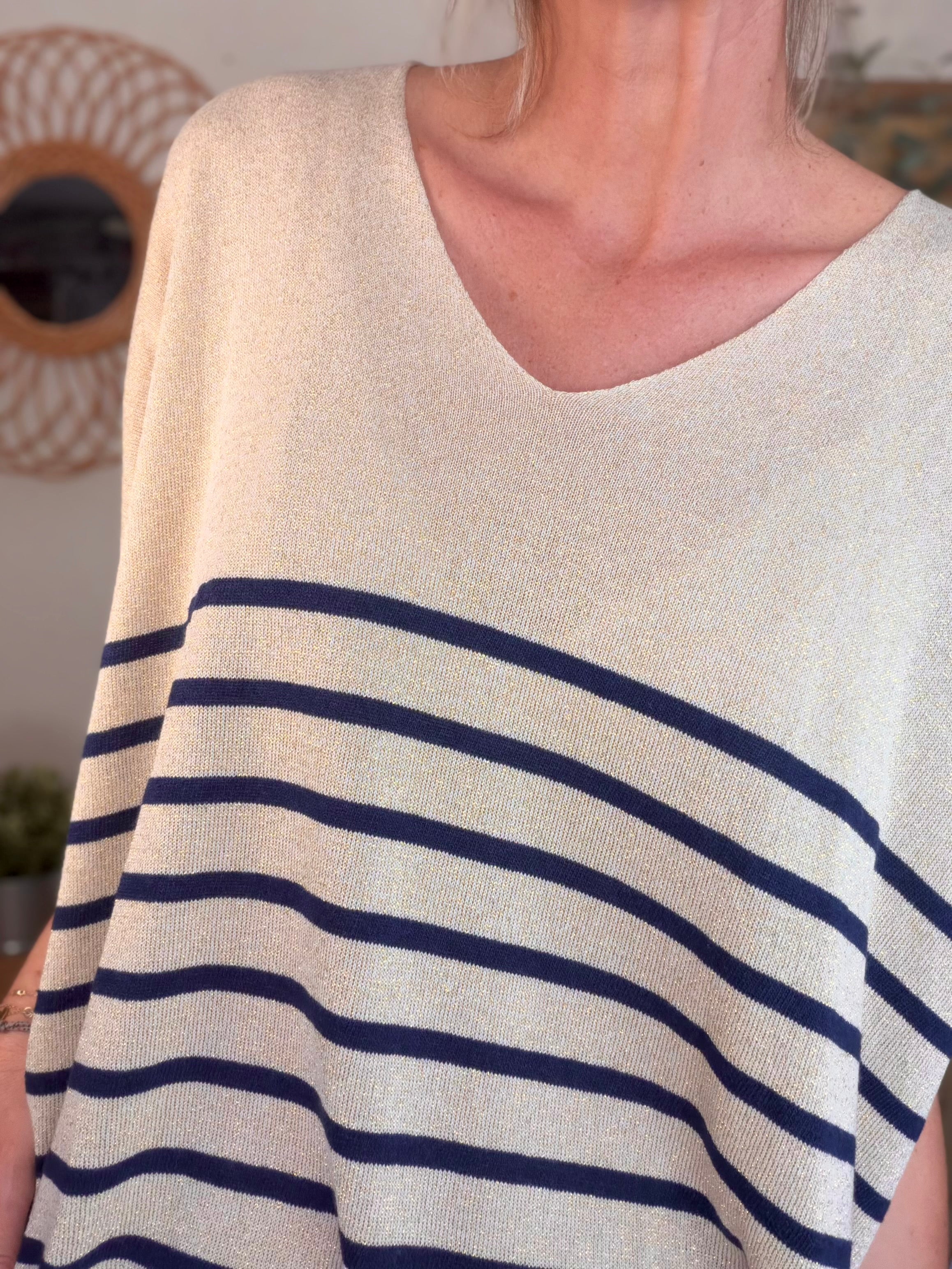 Top maille lurex col V IRINA Bleu marine