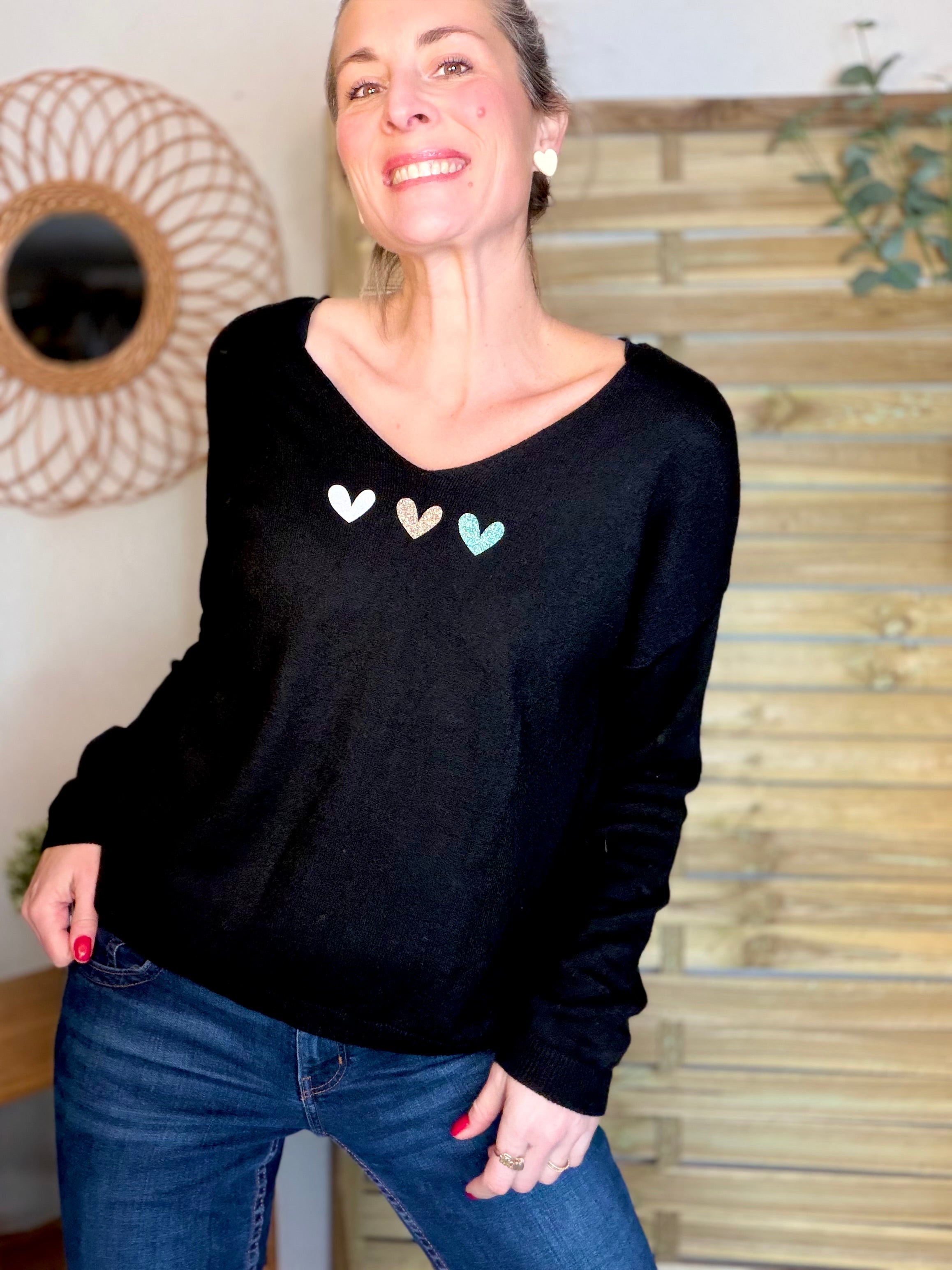 Pull fin 3 cœurs 💛 BERTILLE - Noir