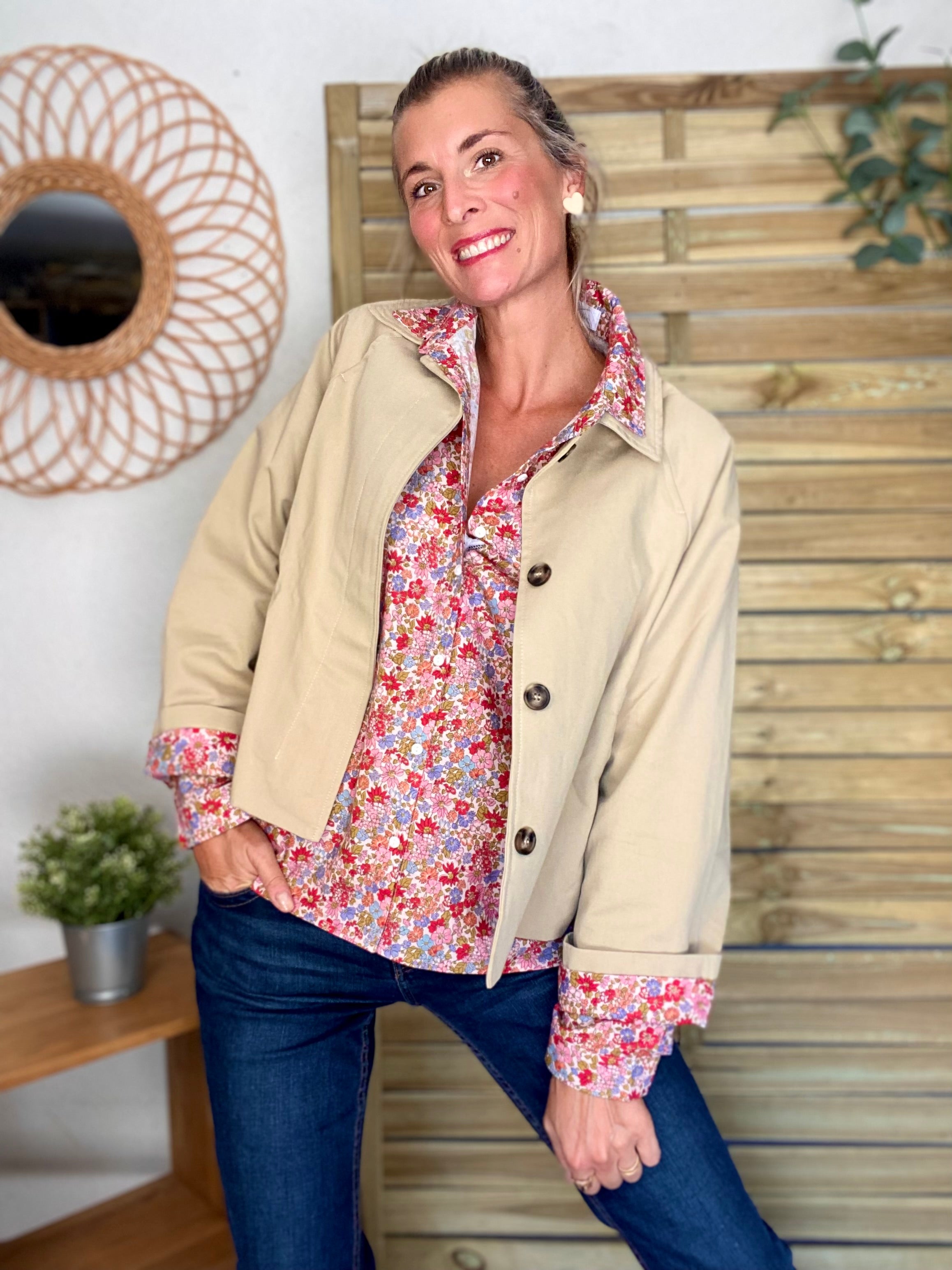 Veste Trench en coton beige avec Liberty - MAHAUT