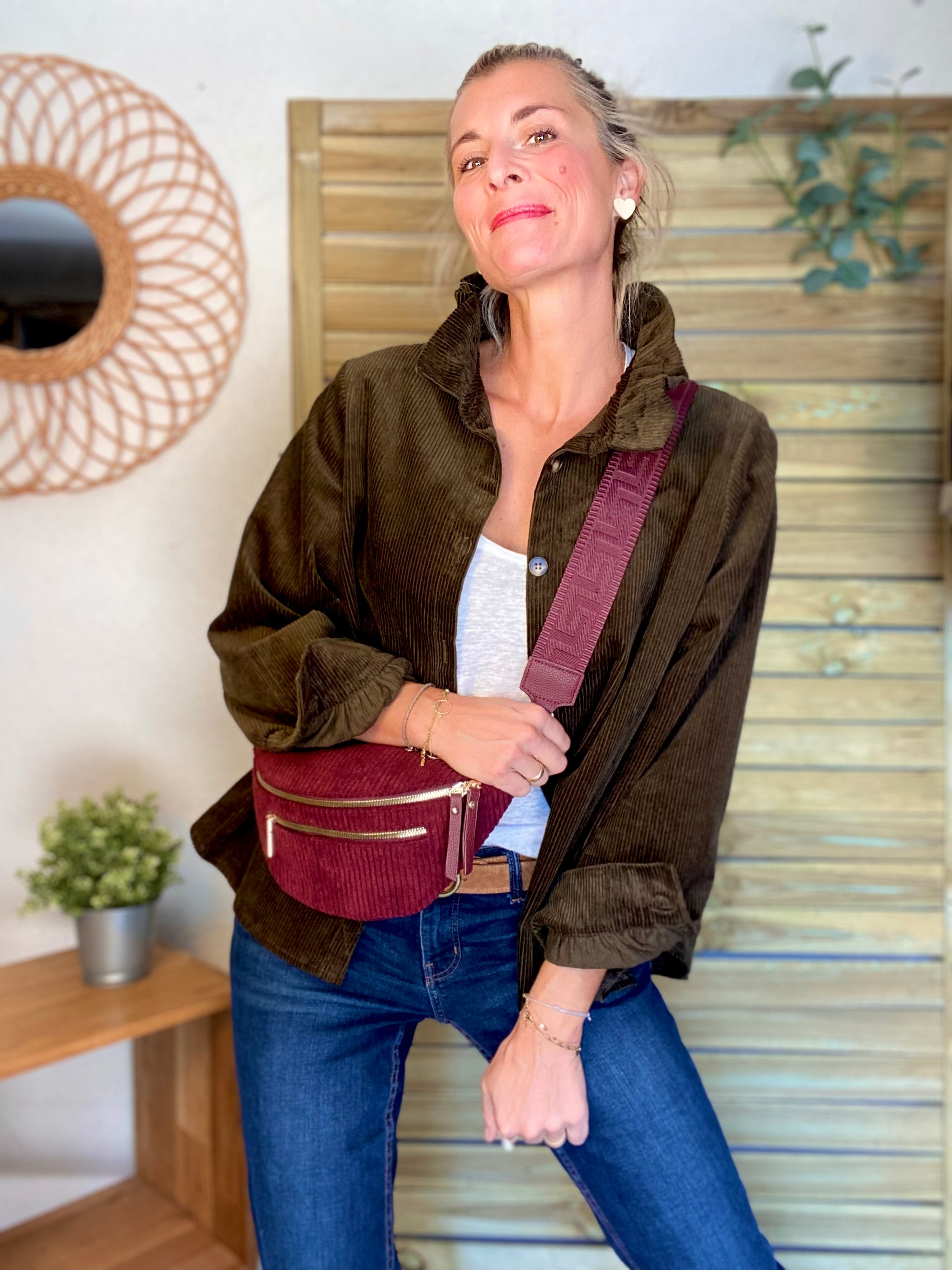 Veste / Chemise en coton, col victorien volanté YVONNE - Velours Kaki