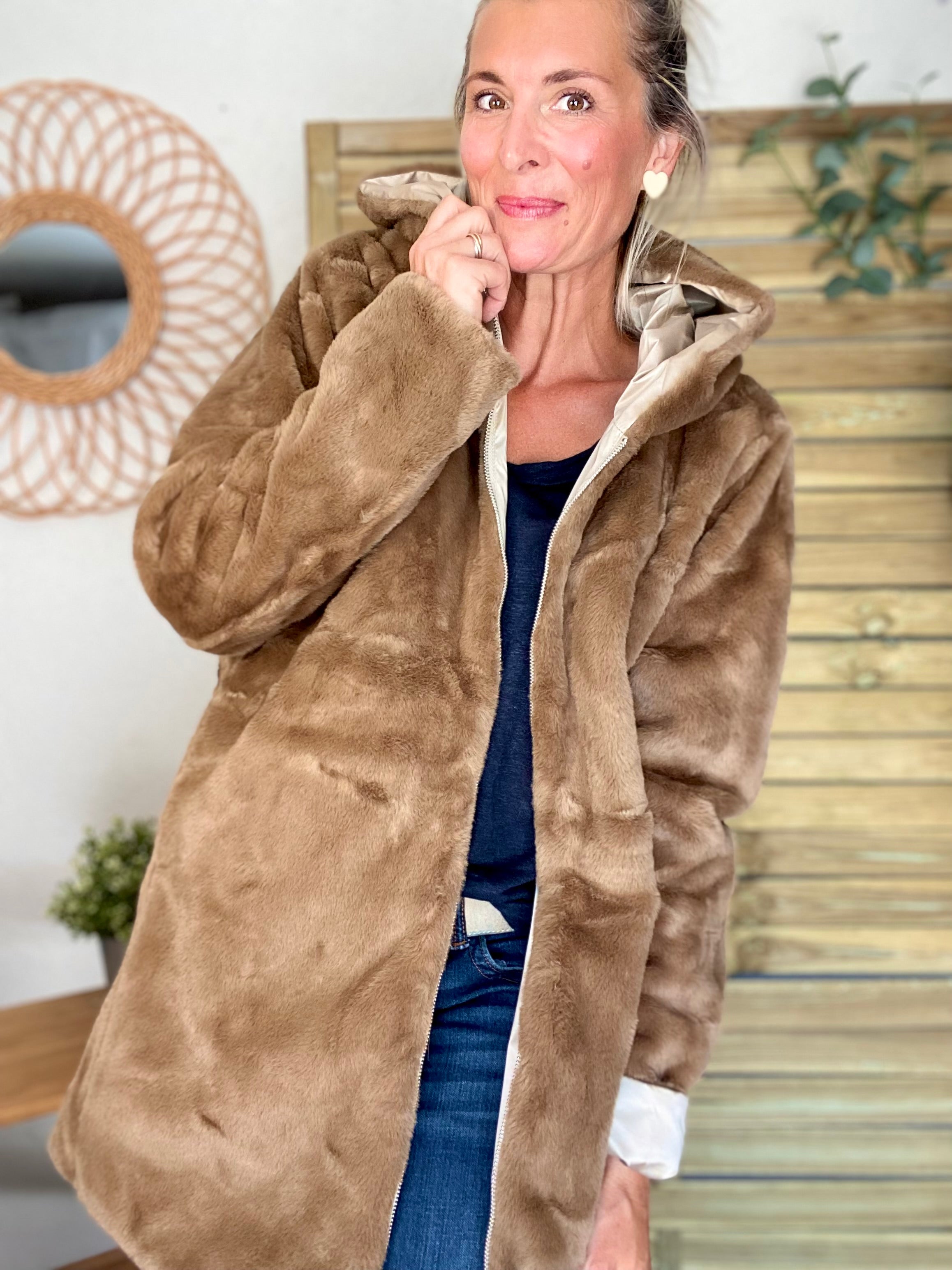 Parka Imperméable réversible fourrée Sable irisé / Camel ALIX - LAURA JO