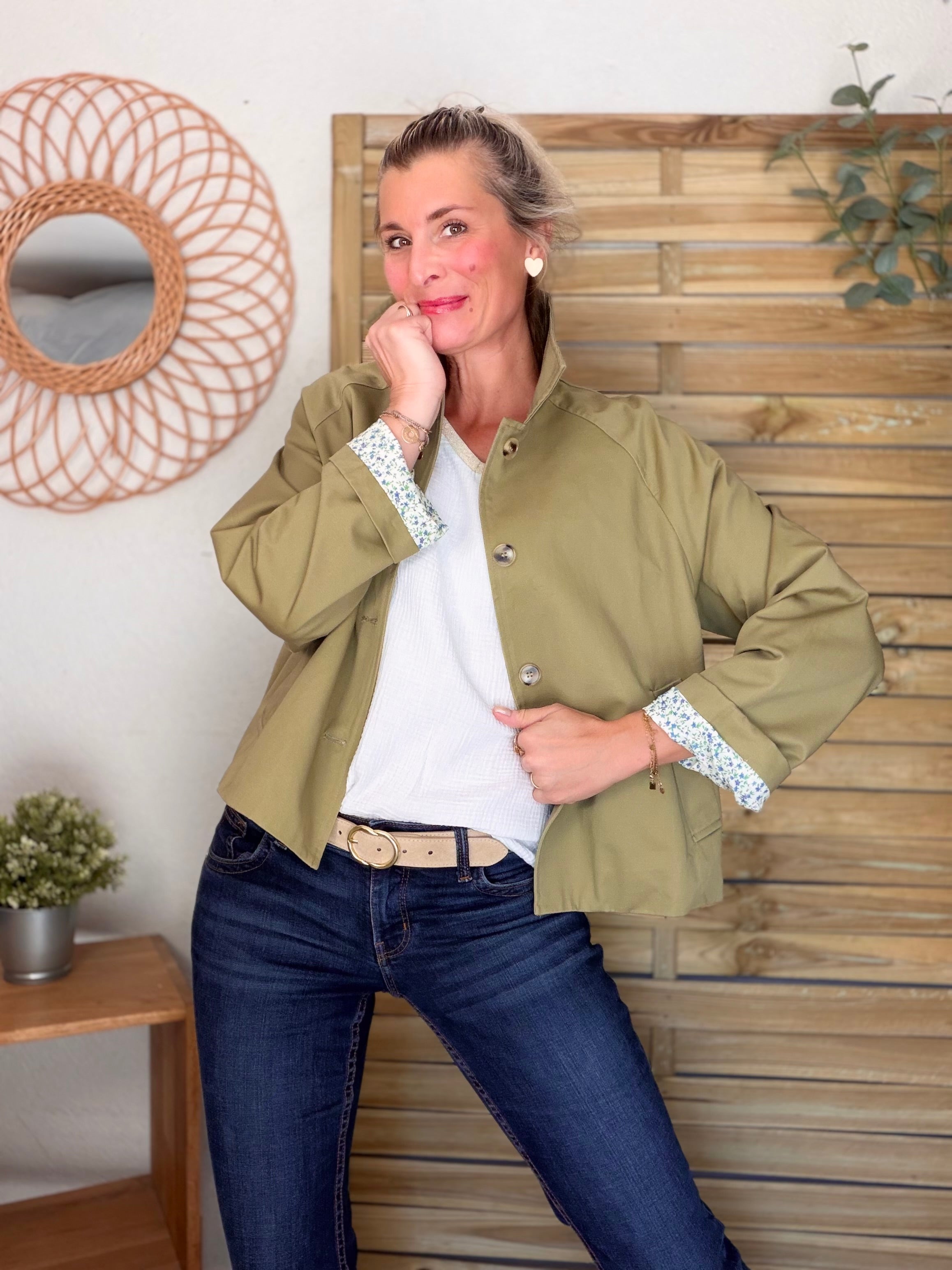 Veste Trench en coton avec Liberty - JOHAN Kaki clair