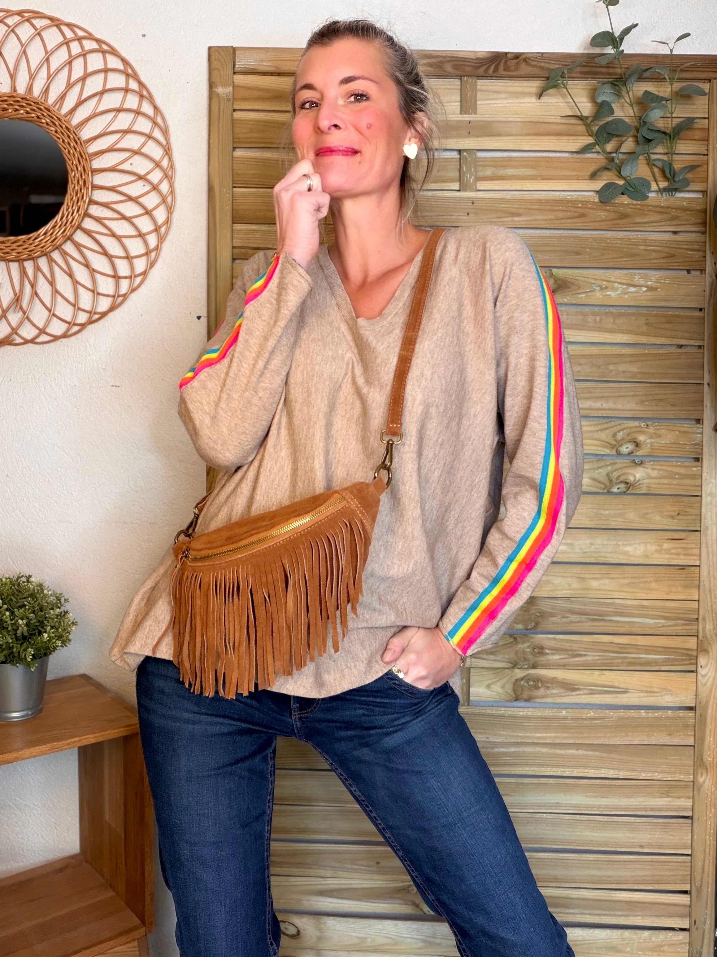 Sac banane avec franges en cuir daim - PIETRA - Camel