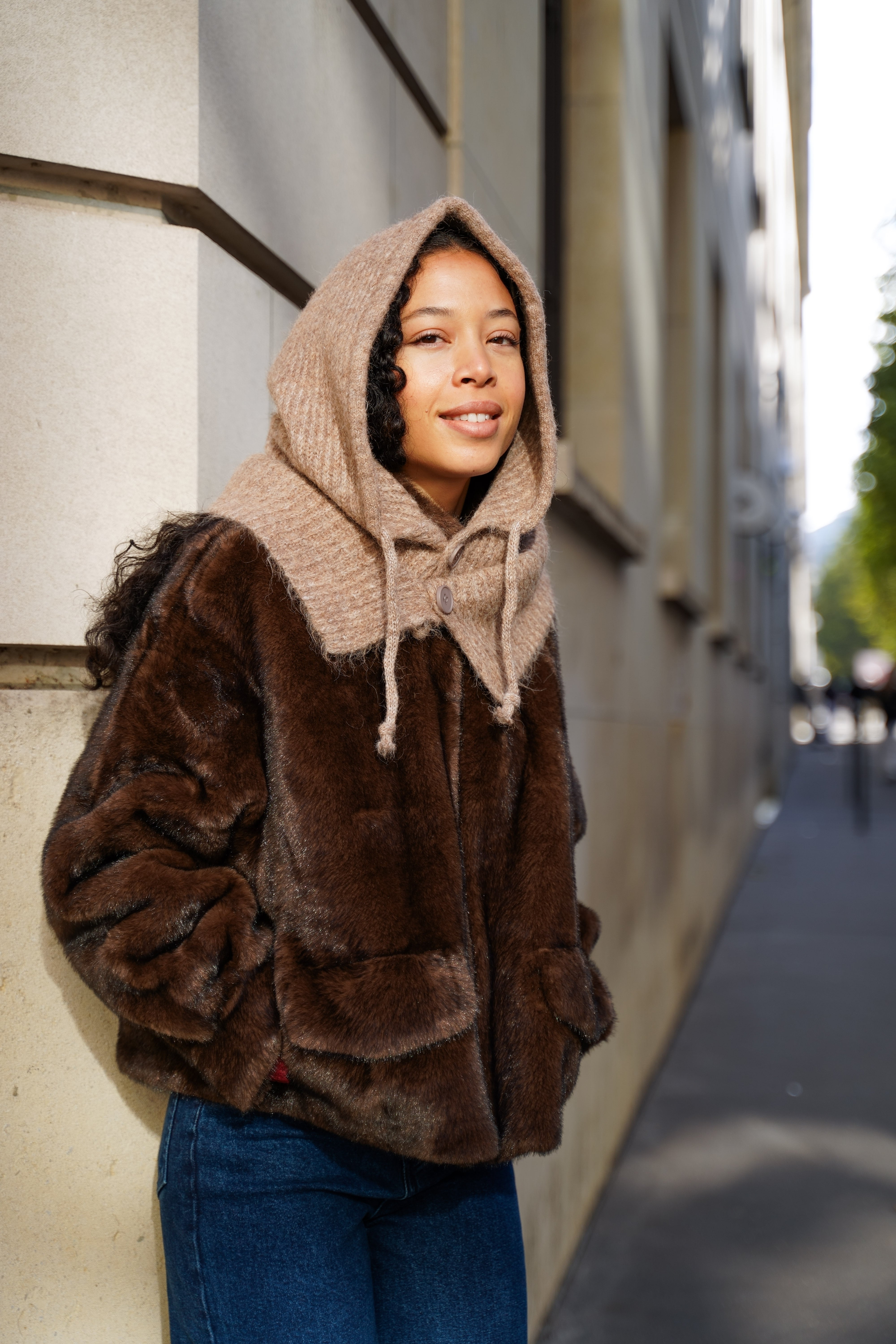 Col cagoule LORIE en maille avec bouton - Camel