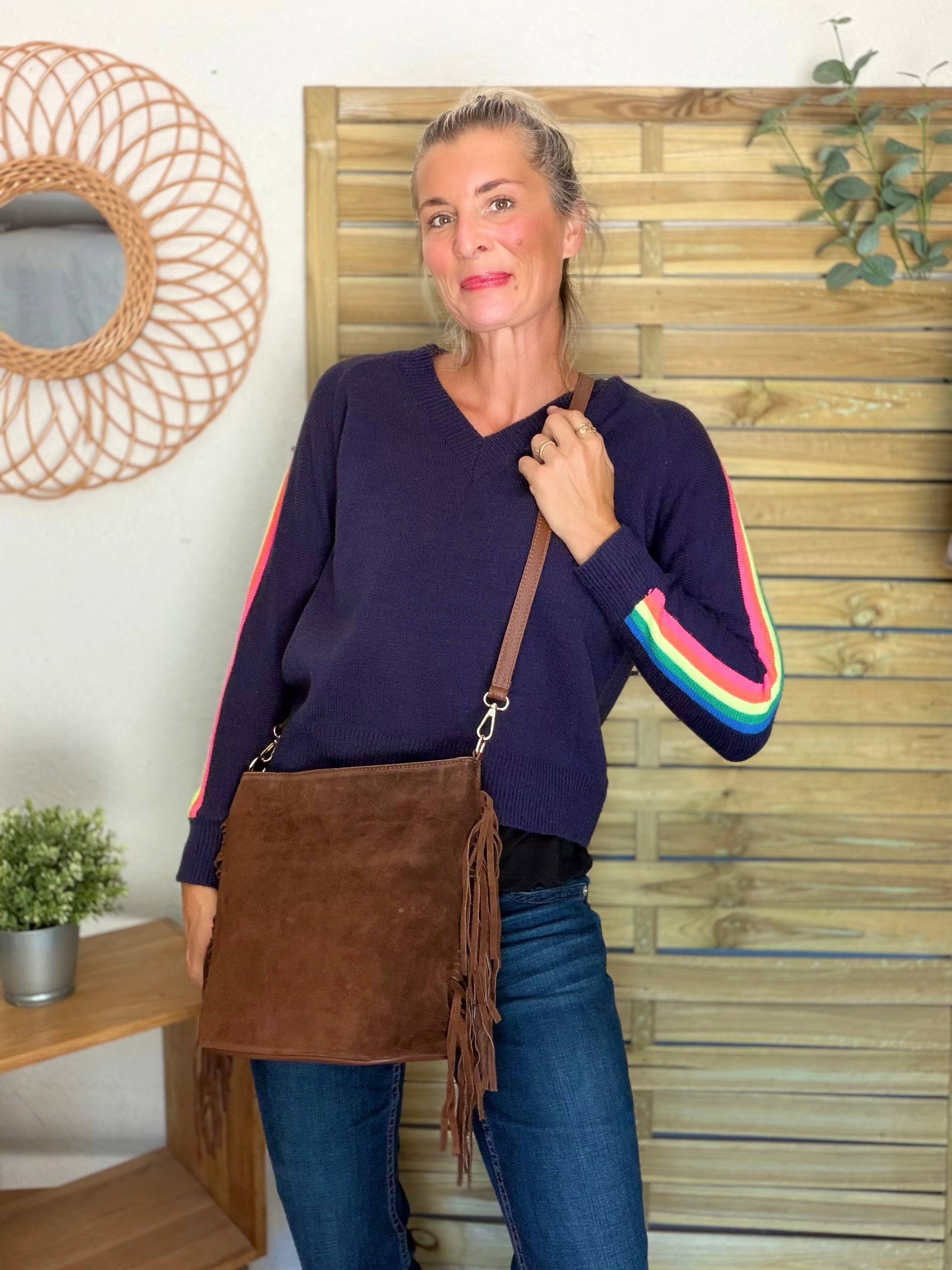 Sac seau en cuir daim avec franges KYLIE - Camel foncé (Café)