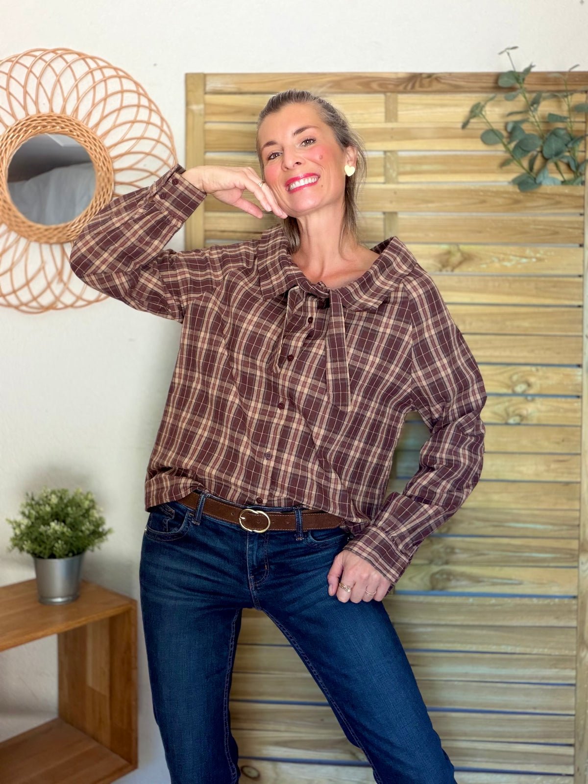 Chemise motif tartan prune col lavallière large LUCILE