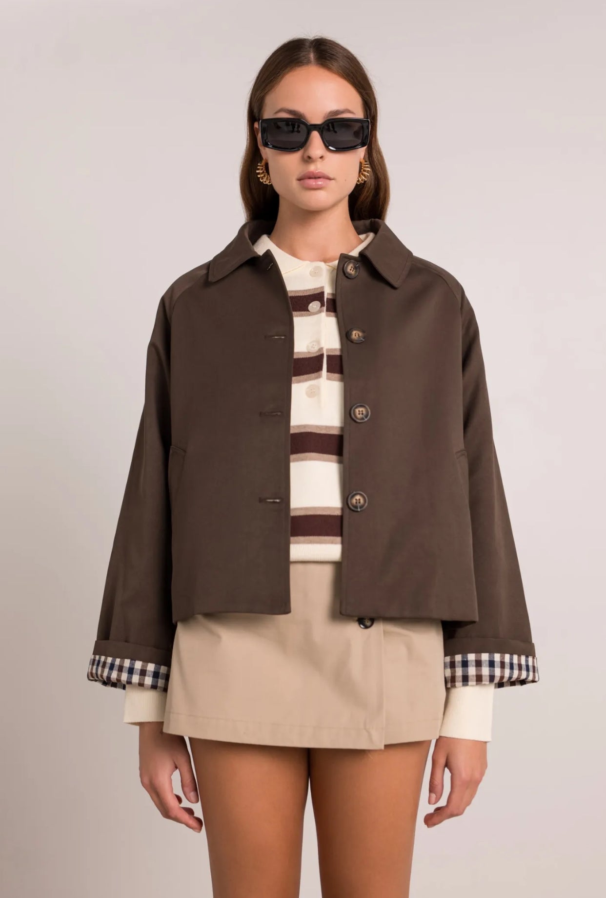 Veste Trench en coton avec vichy - YSEULT court Chocolat