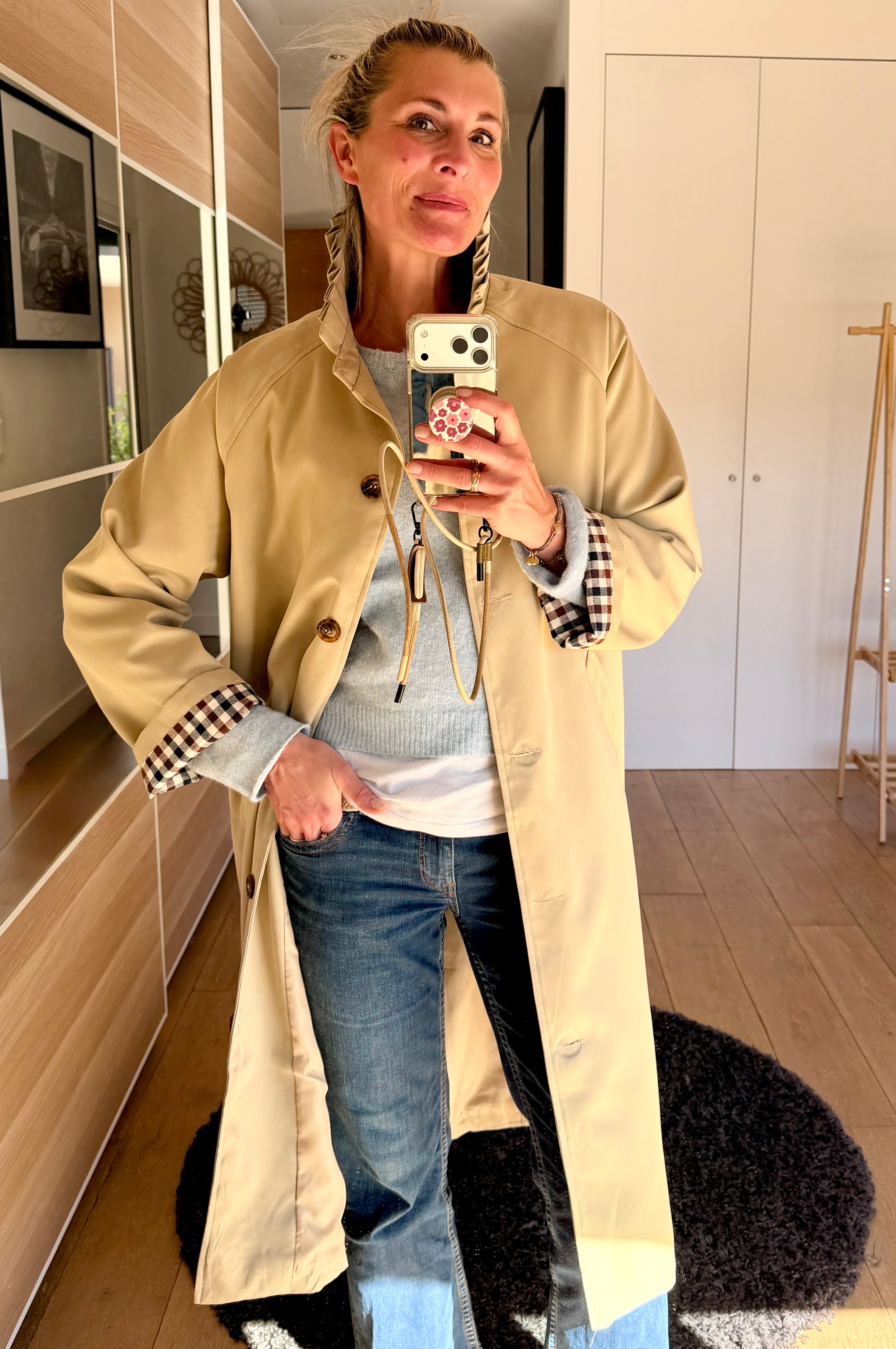 Veste Trench col victorien avec vichy - VICKY LONG Beige