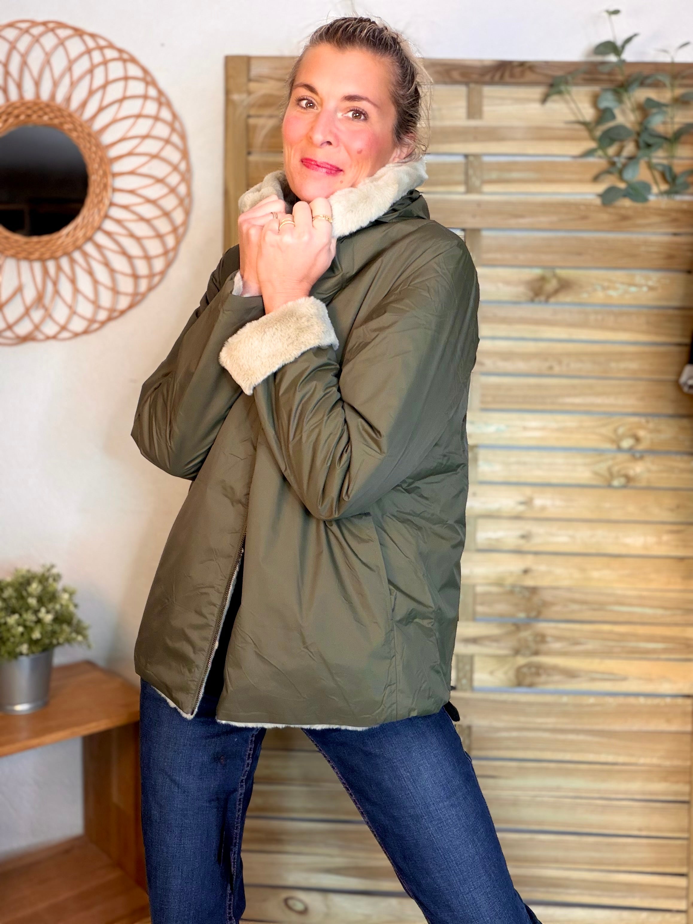 Parka Imperméable réversible fourrée Kaki / Beige ALIX Court - LAURA JO