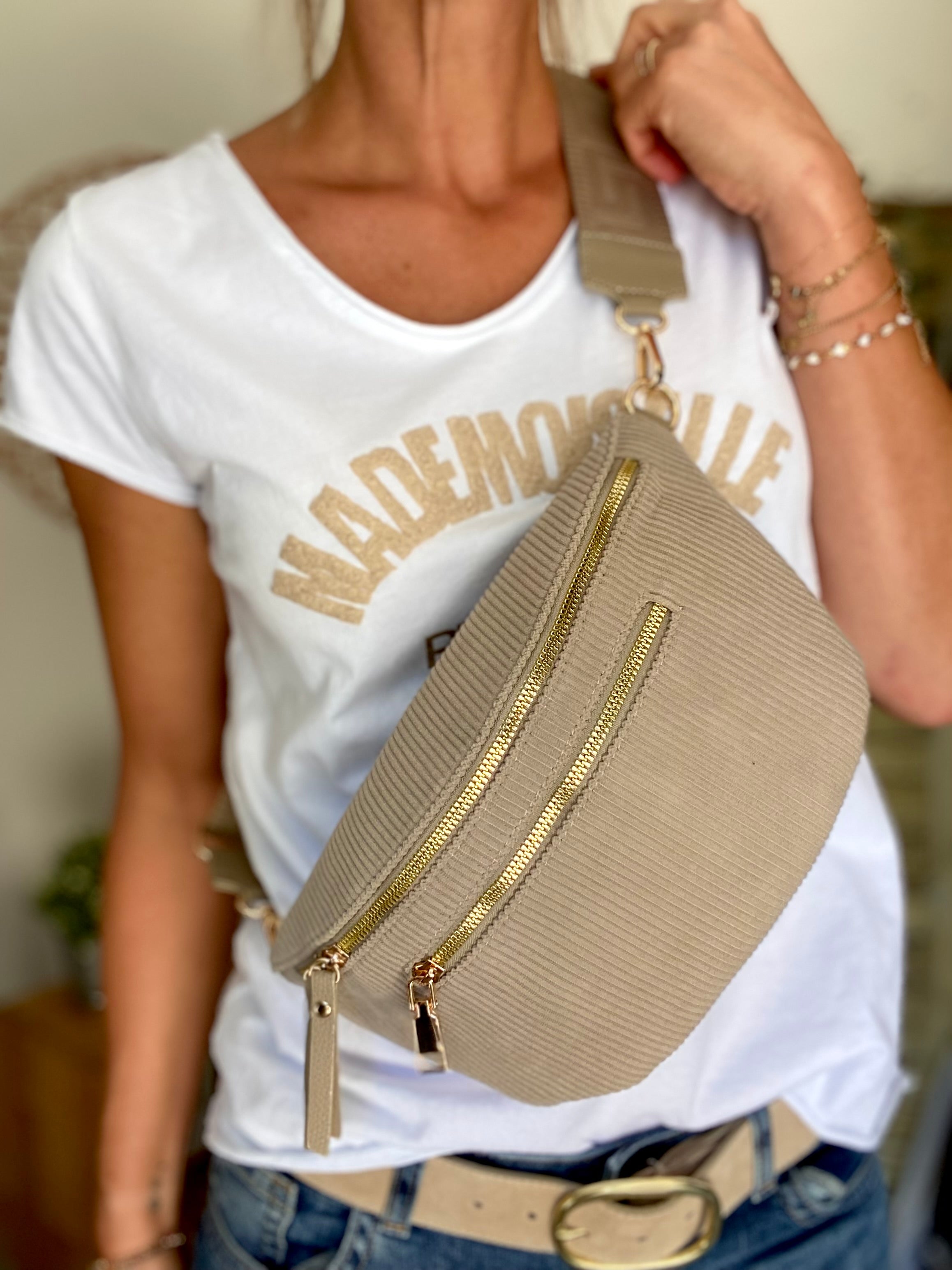 Sac banane L en velours côtelé 2 zips et sangle fantaisie - ASHLY - Beige taupe