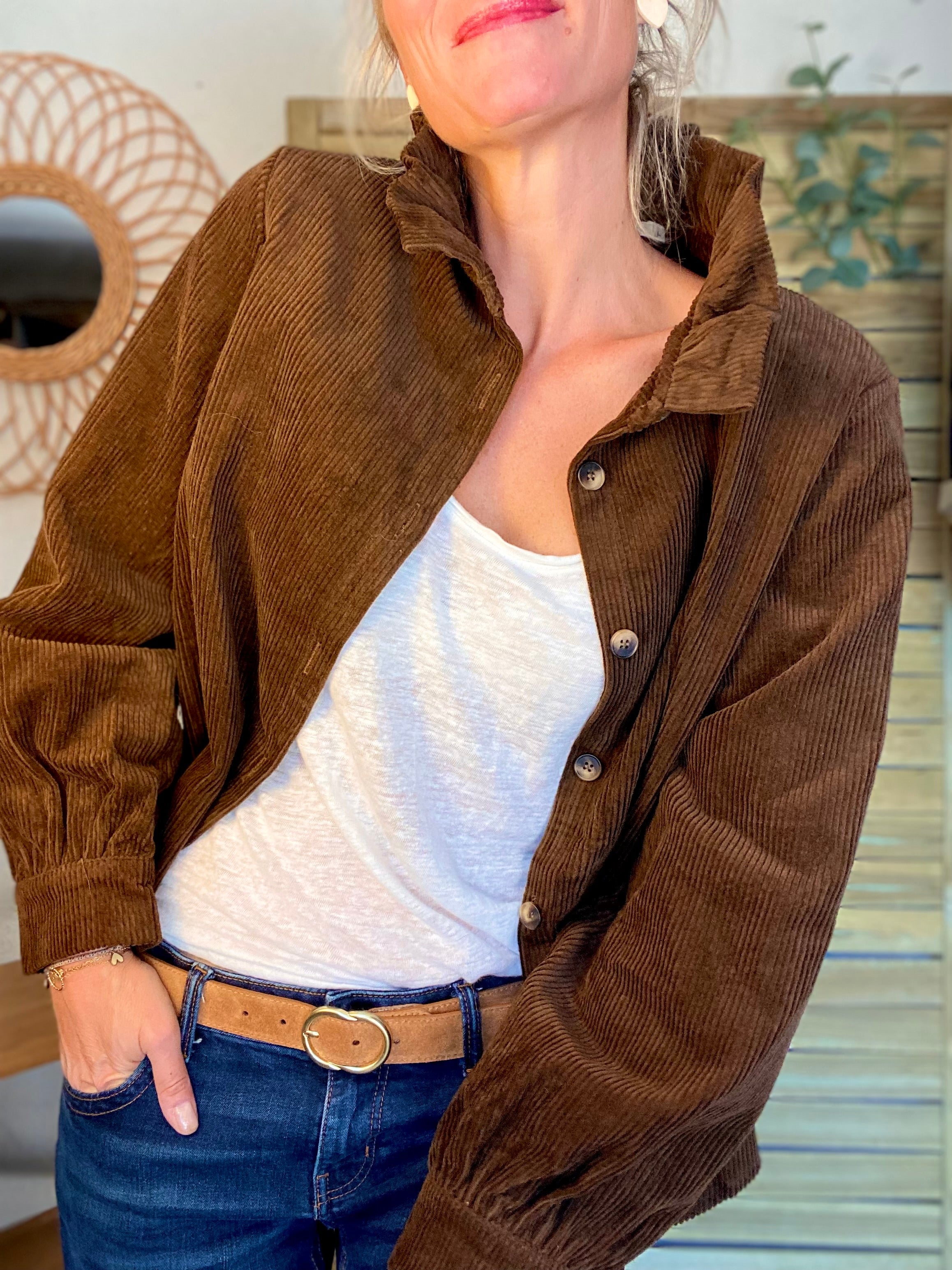 Veste / Chemise en coton, col victorien volanté YVONNE - Velours Chocolat