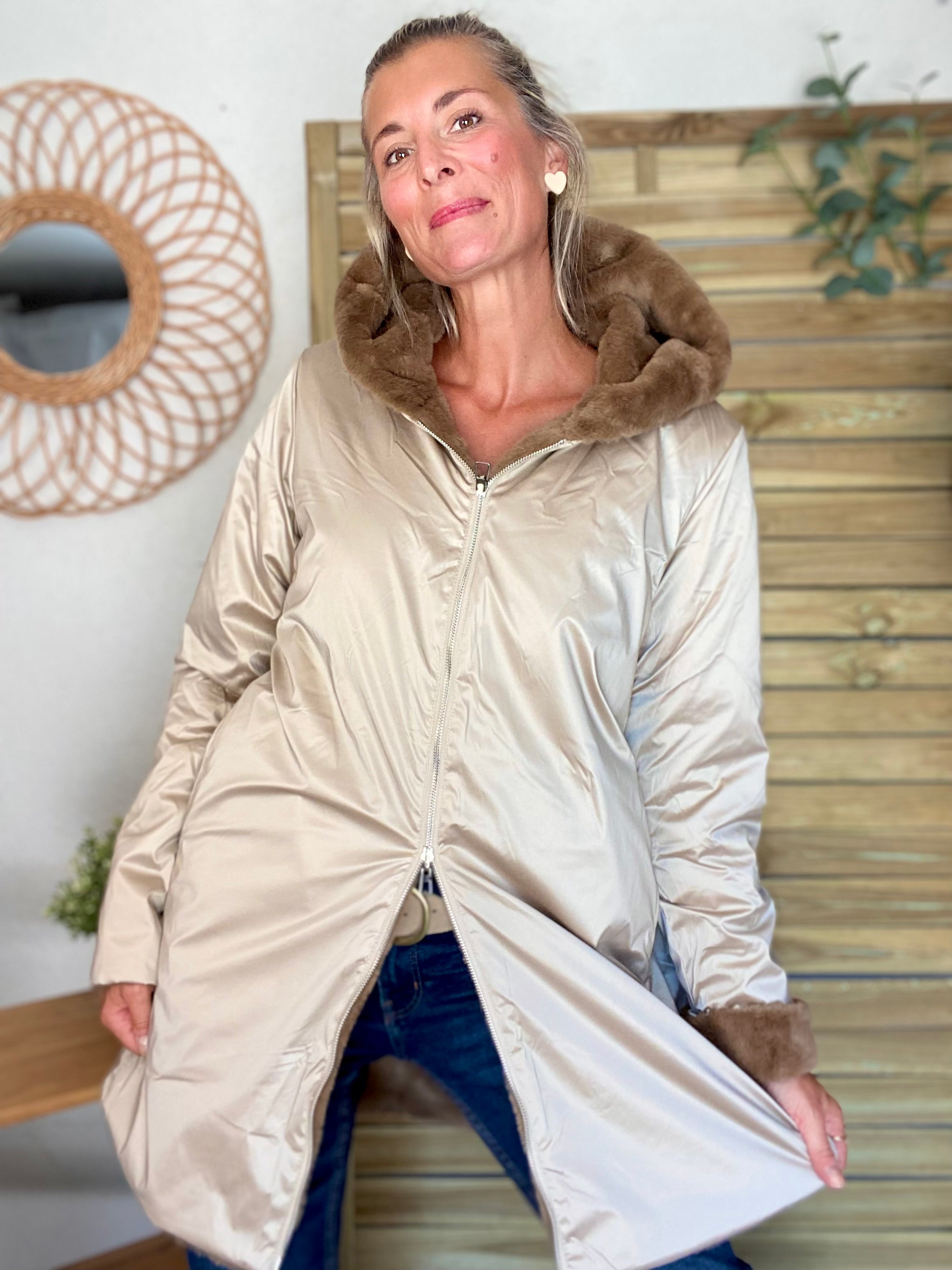 Parka Imperméable réversible fourrée Sable irisé / Camel ALIX - LAURA JO