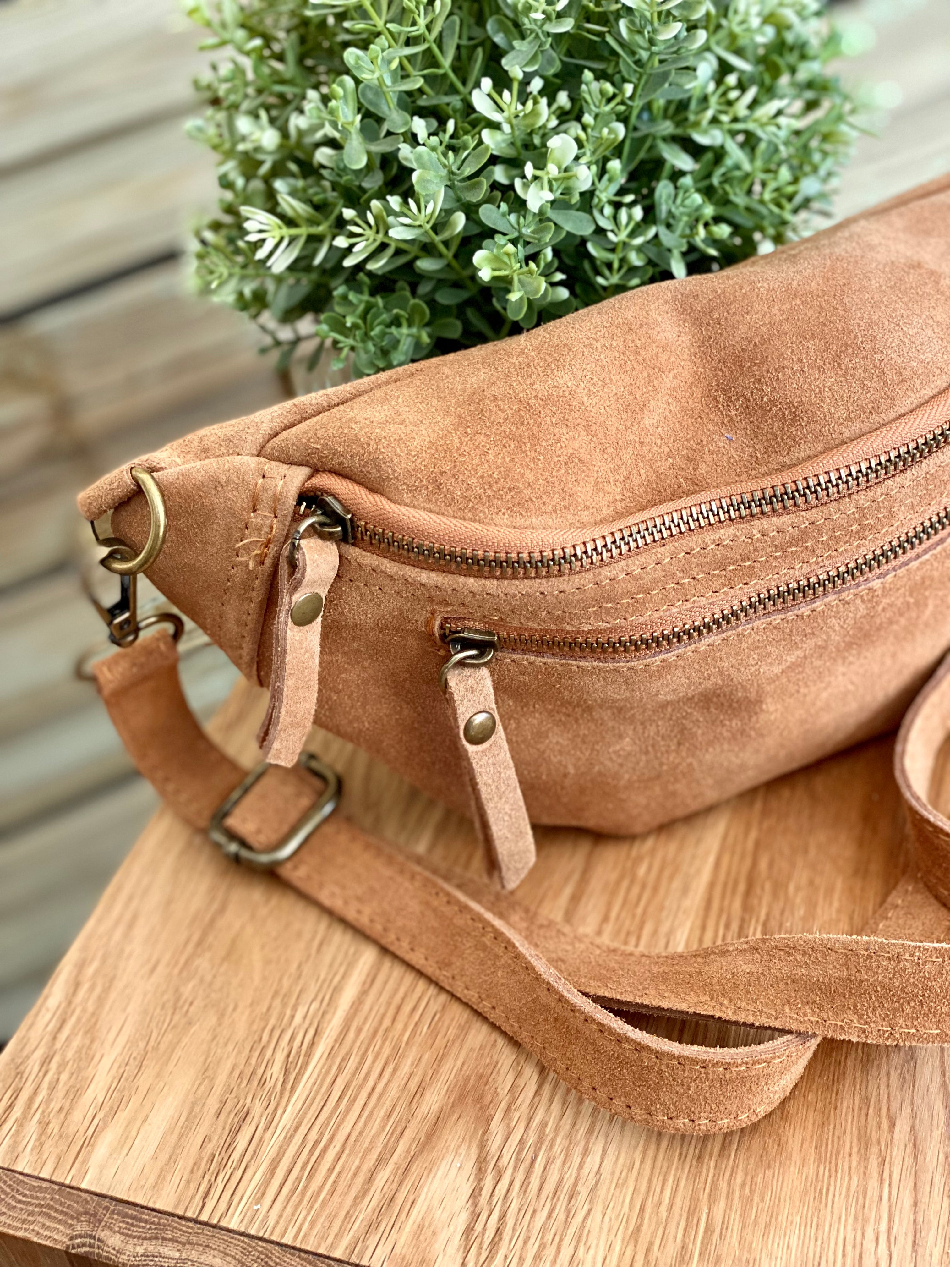 Sac banane double poche en cuir daim - OPALINE - Camel (14 coloris)