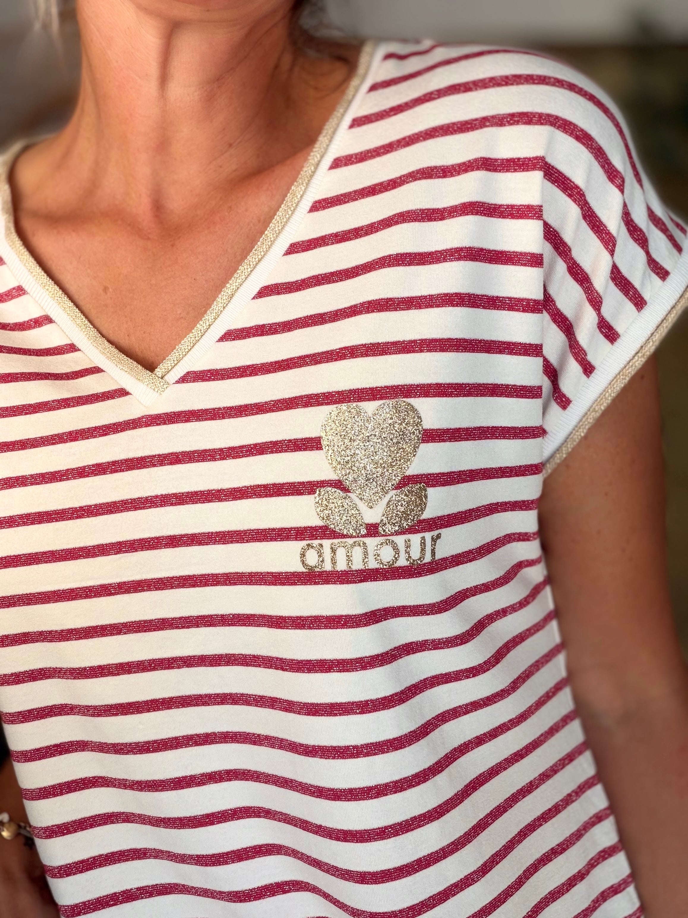 Top rayé col V amour 💛 NAOMIE - Rose
