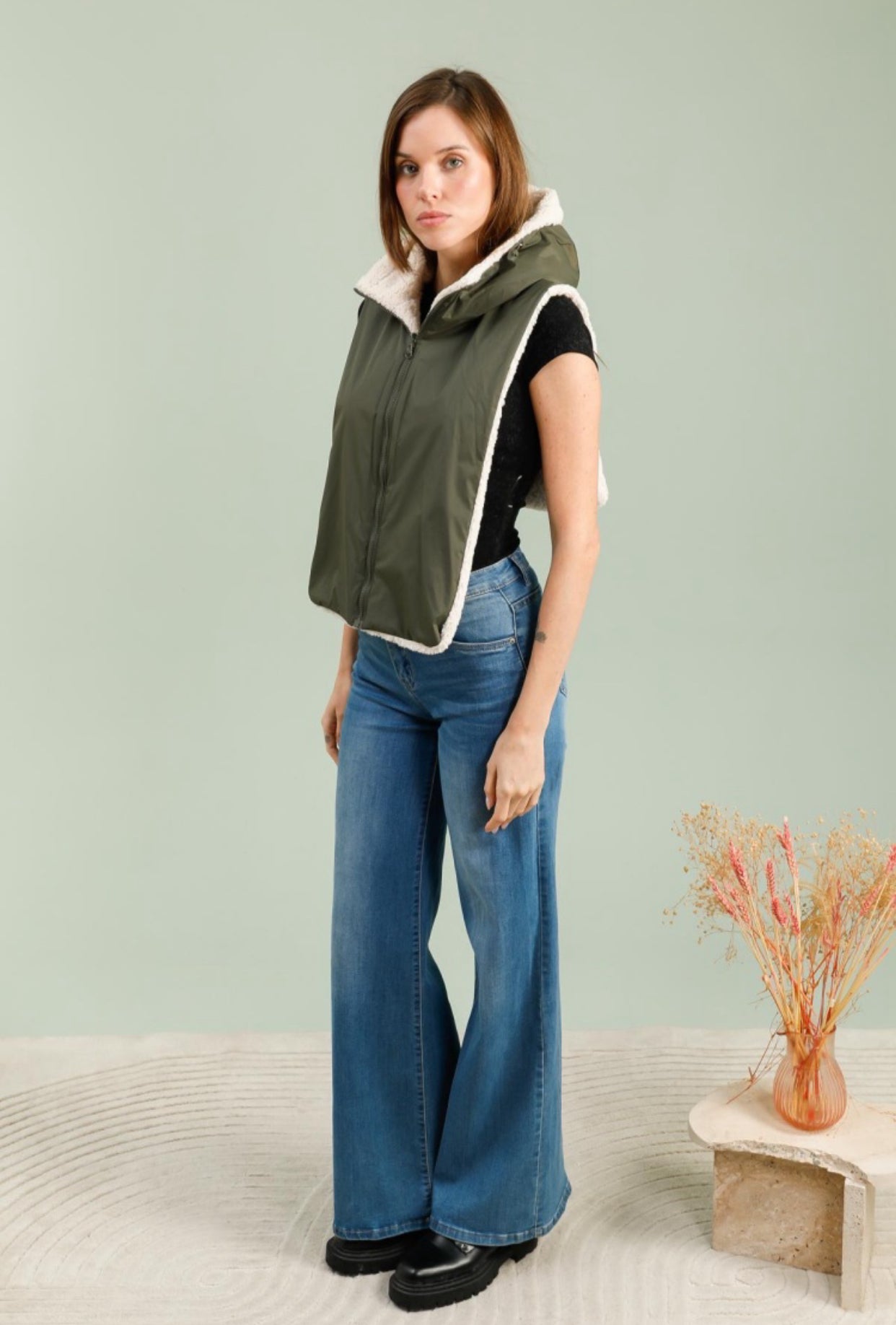 Col capuche amovible réversible TONY - LAURA JO - Kaki / Sherpa écru