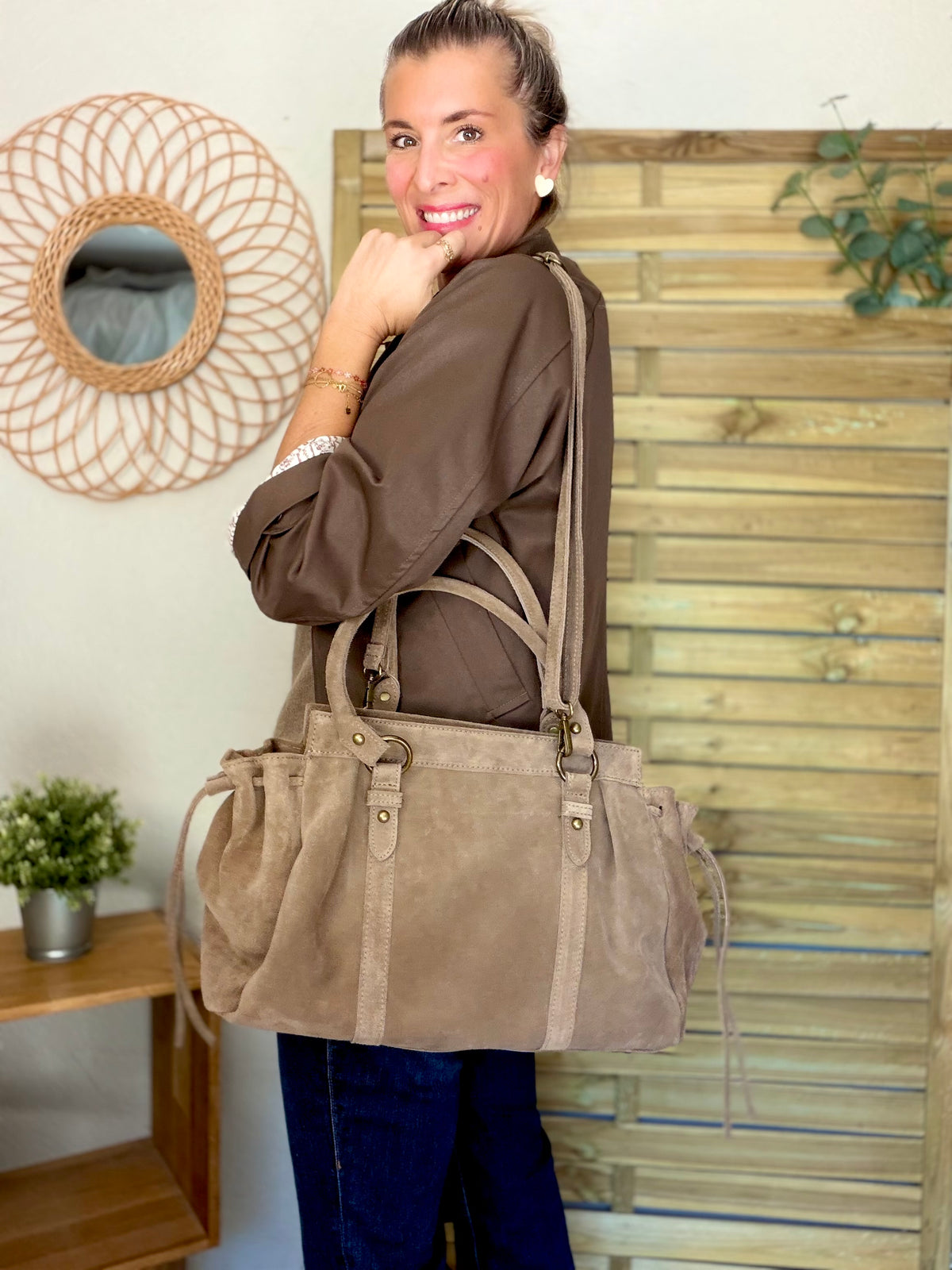 Sac cabas XL en cuir daim • PARKER Taupe