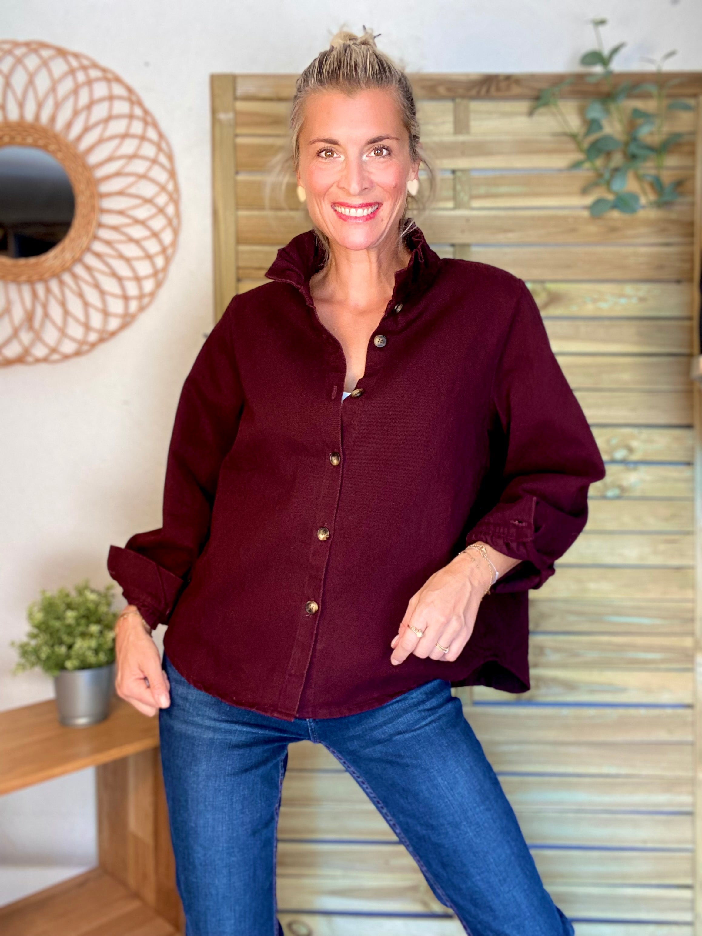 Veste / Chemise en coton, col victorien volanté LISA - Prune