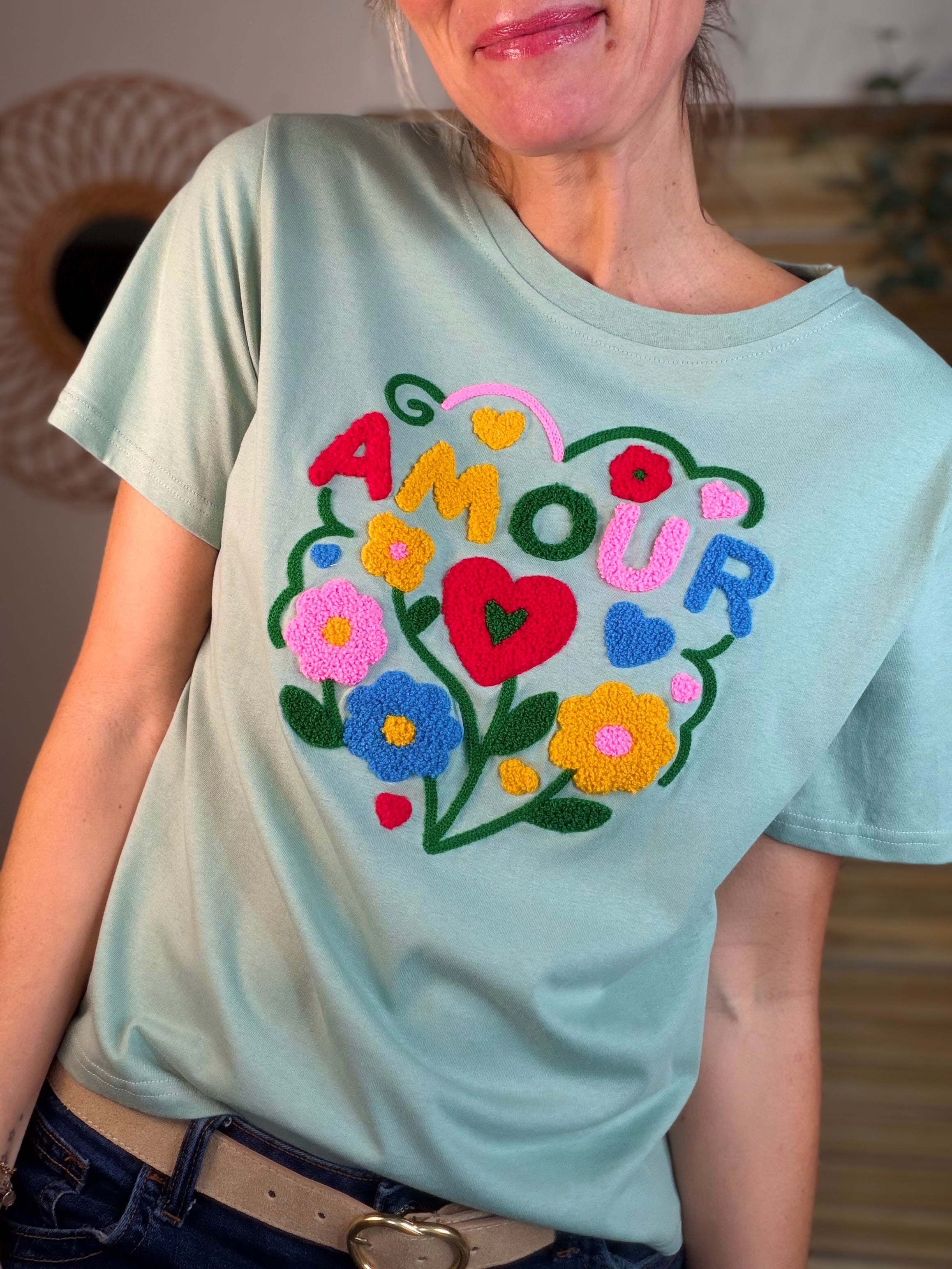 Tee shirt amour fleuri ARYA Vert sauge