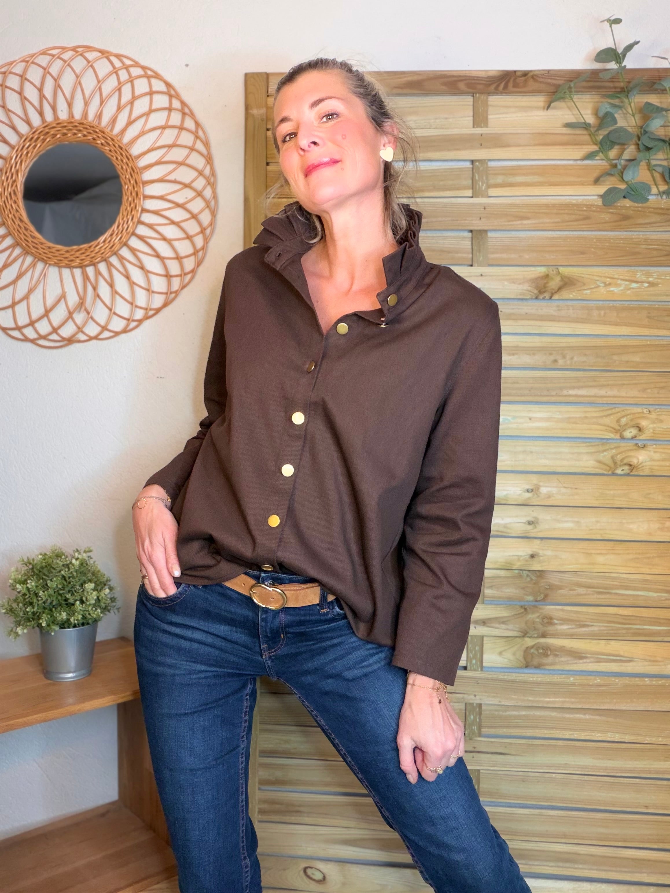 ⚡️ ARRIVAGE - Veste / Chemise en coton, col victorien volanté Beige taupe HILLARY - Choco