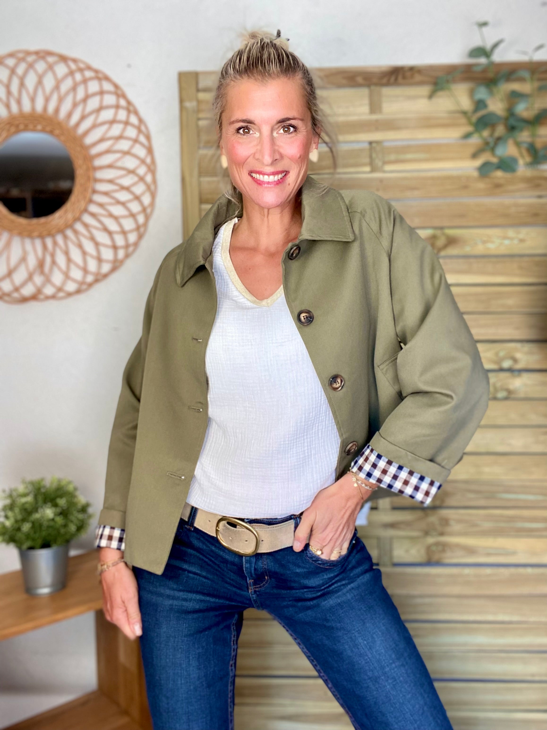 Veste Trench en coton avec vichy - YSEULT court Kaki