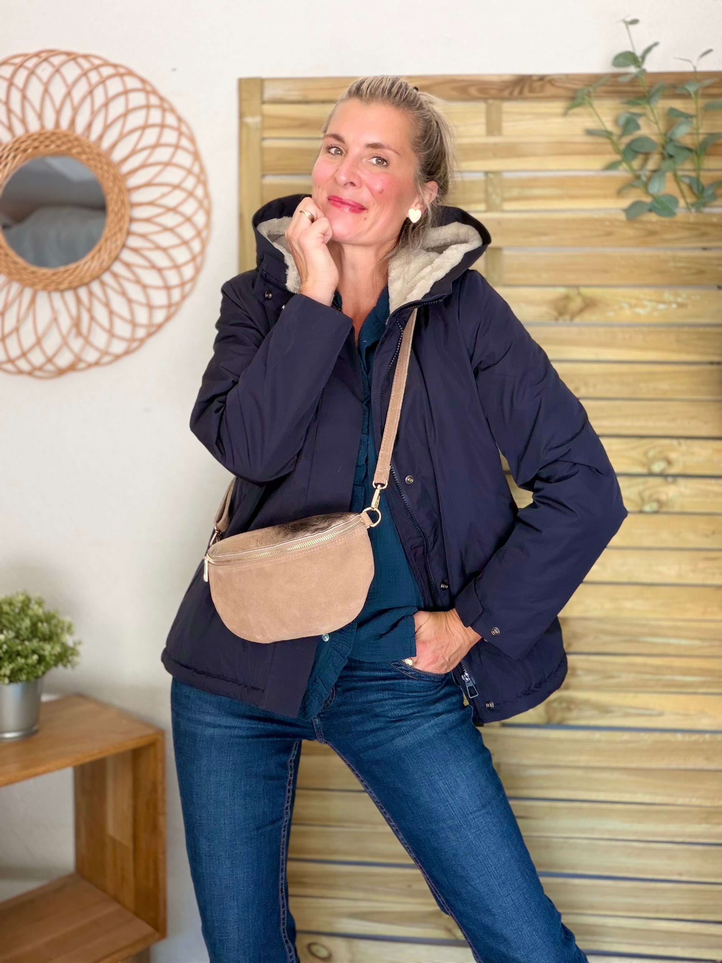 Sac banane M bi-matière en cuir irisé et velours 24cm - POLLY- Taupe/Bronze