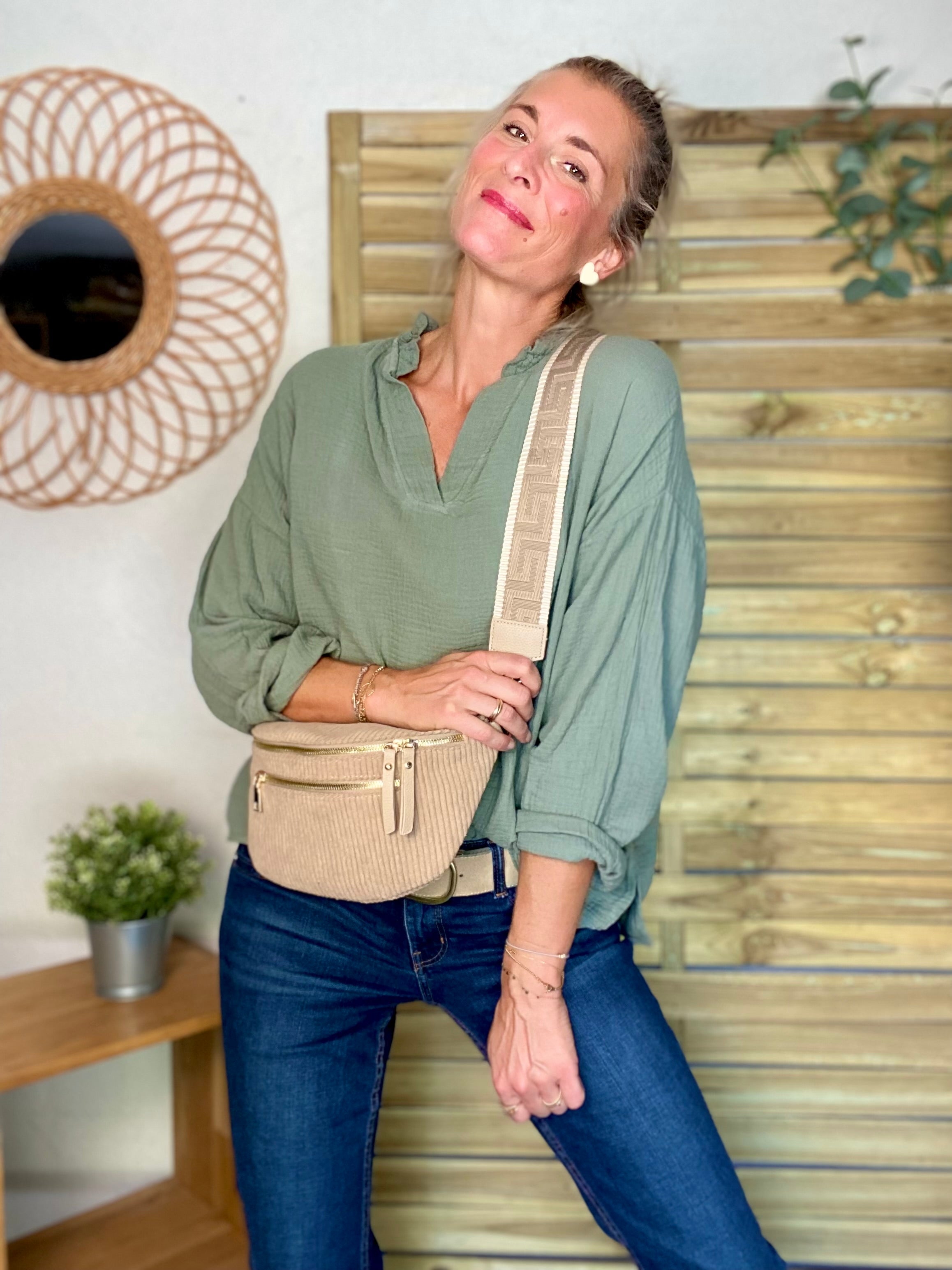 Sac banane L en velours côtelé 2 zips et sangle fantaisie - ASHLY - Beige taupe (côtelé large)