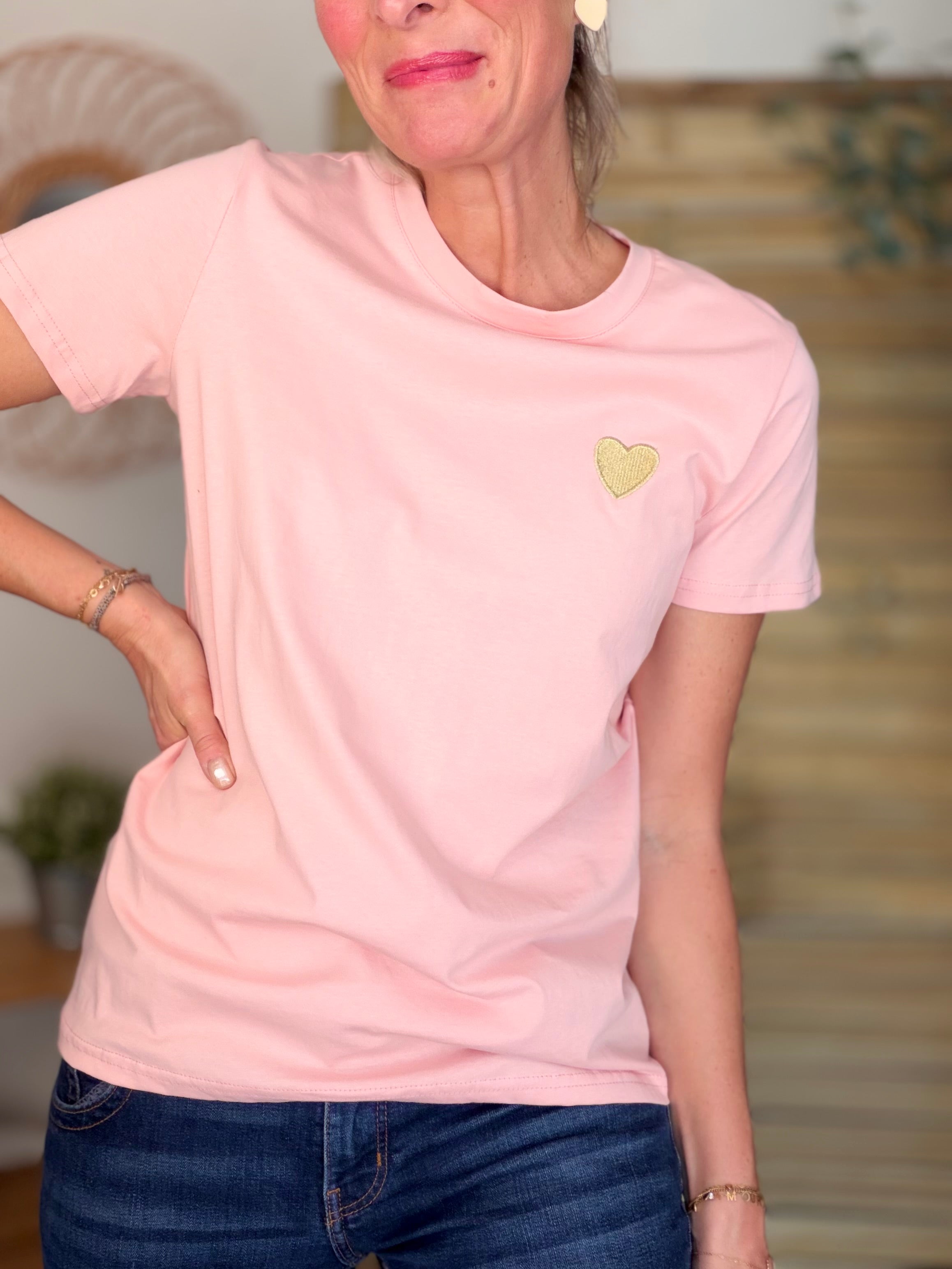 Tee shirt cœur brodé doré 💛 PIA Rose clair