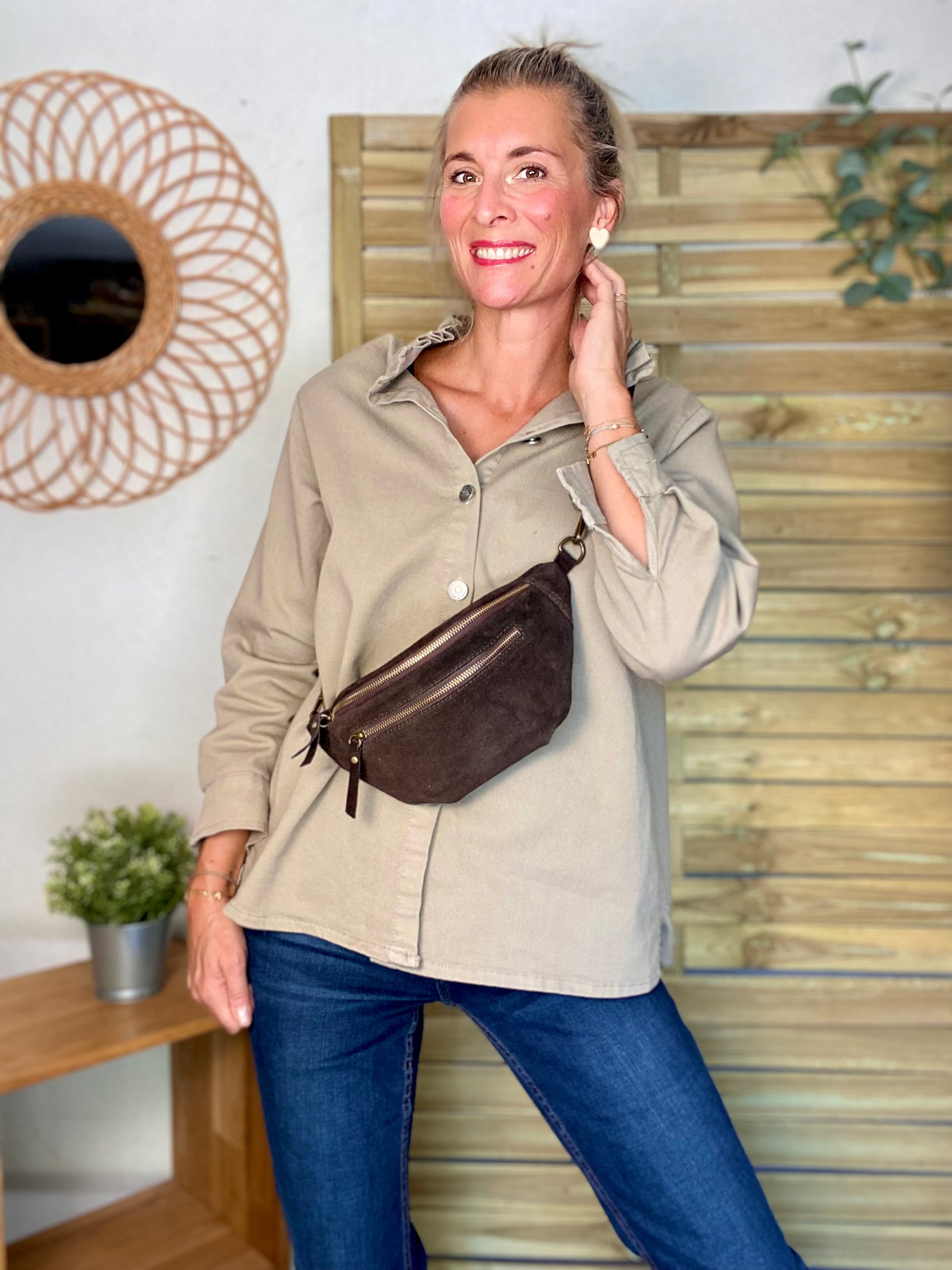 Veste / Chemise en coton, col victorien volanté Beige taupe LISON