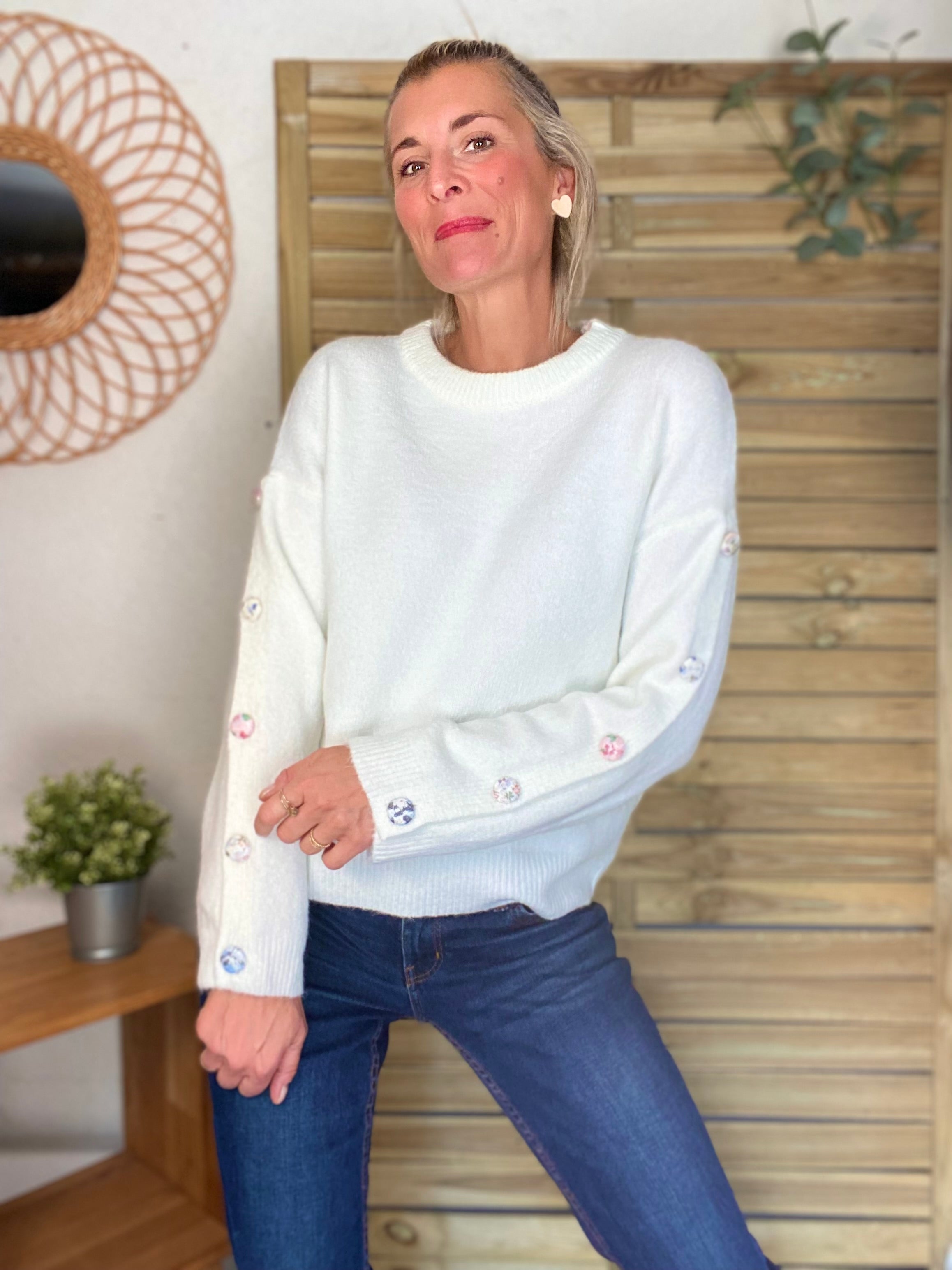 ⚡️ PÉPITES FRIDAY - Pull boutons tissu fleuri - Blanc - HAZEL