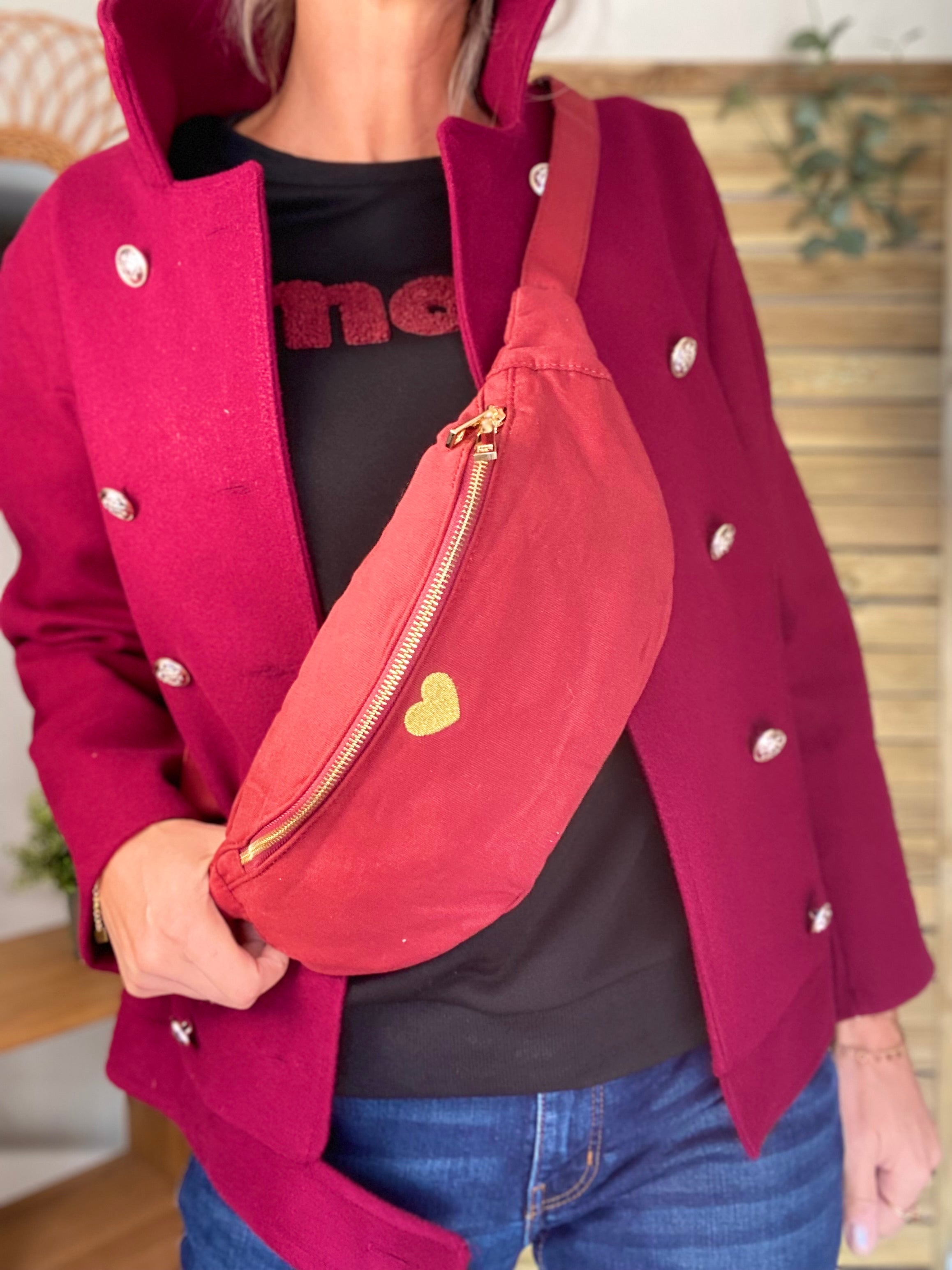 Sac banane en coton Coeur brodé 💛 CASSIDY - Bordeaux