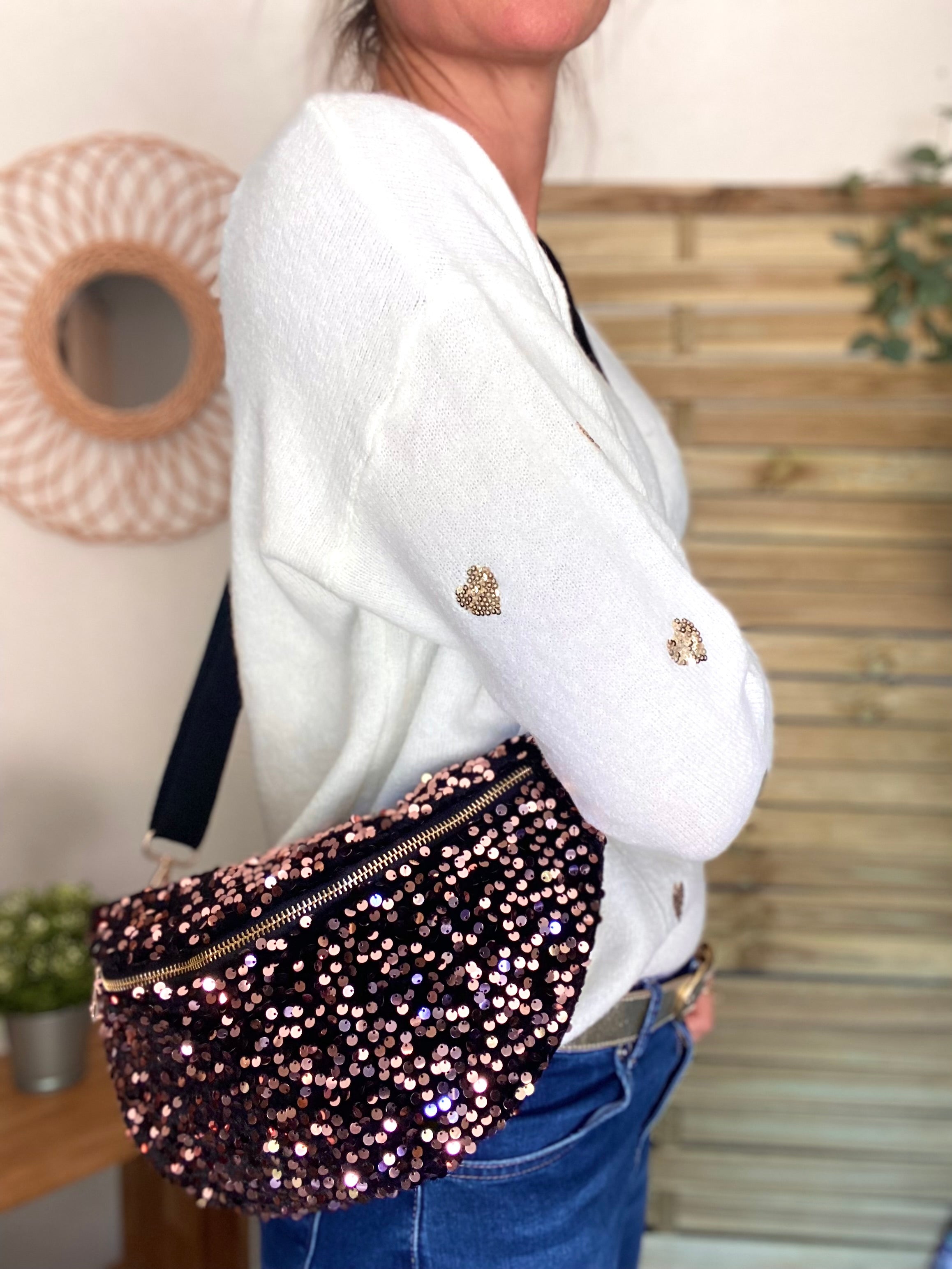 Sac banane L velours à sequins Ciao Boum - TAYLOR - Noir à sequins rosés