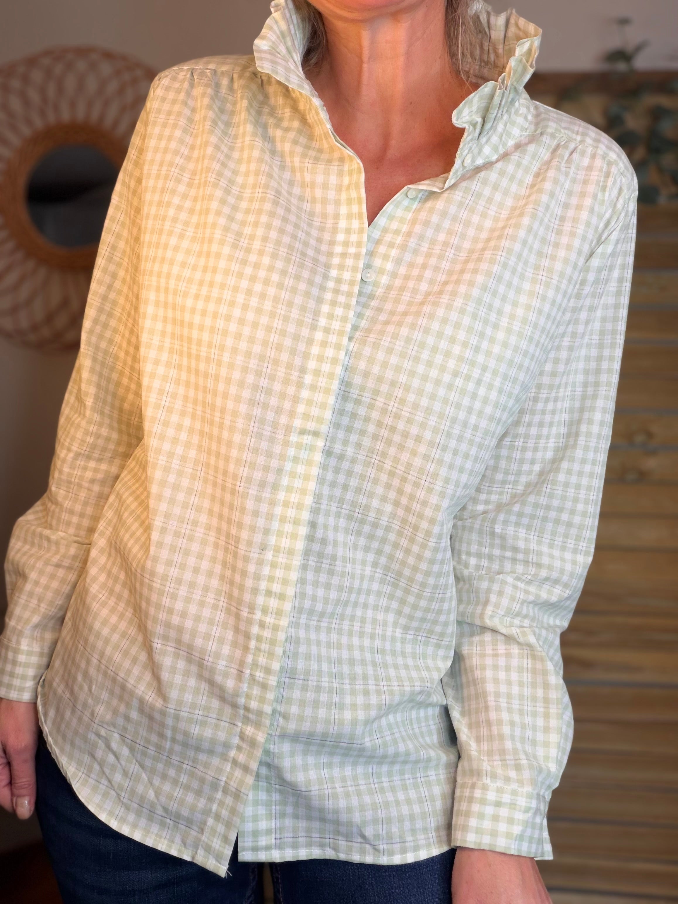 Chemise imprimée vichy, col victorien volanté MEREDITH - Vert d’eau