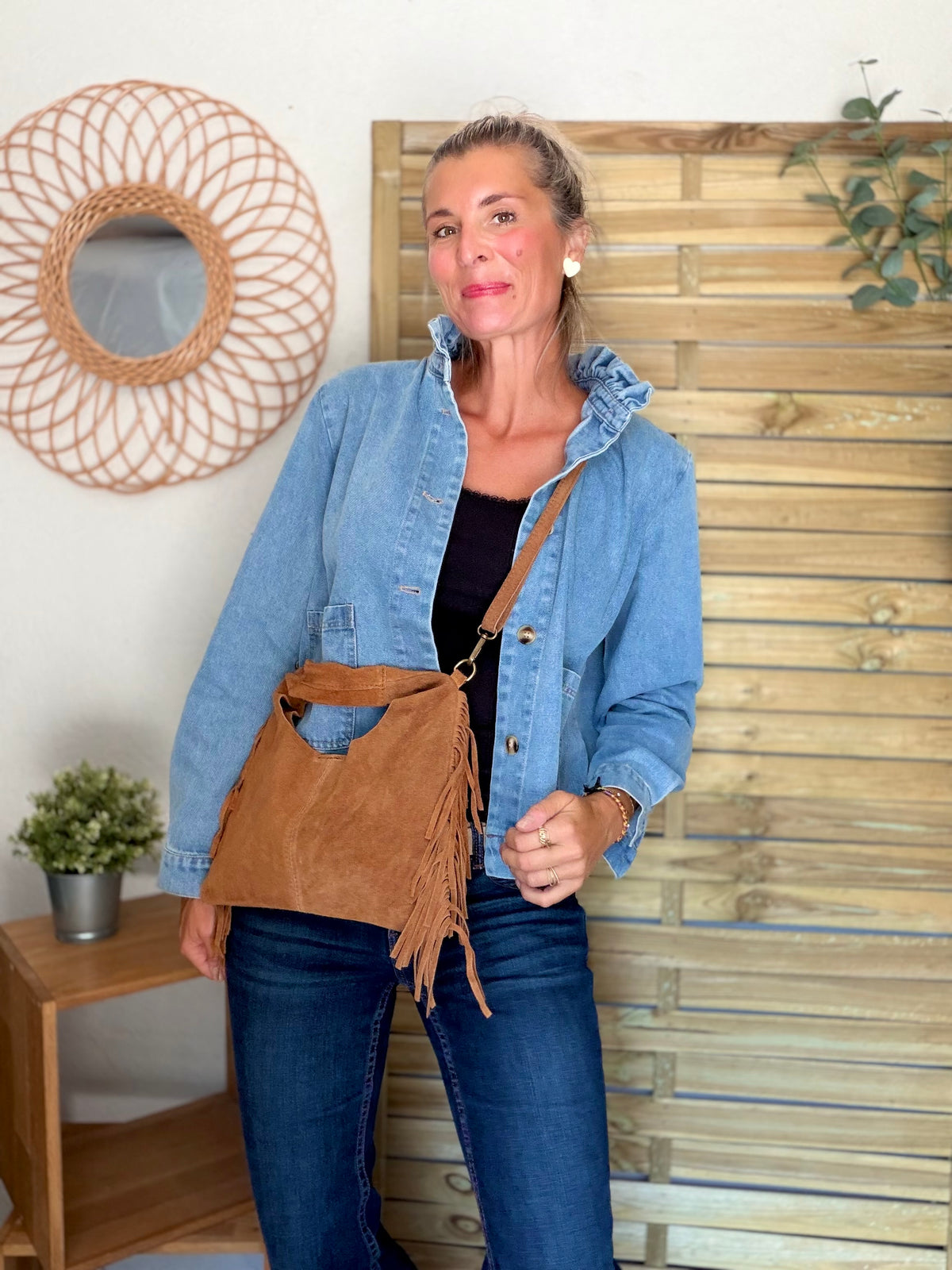 Sac hobo en cuir daim avec franges AARON - Camel - DÉSTOCKAGE