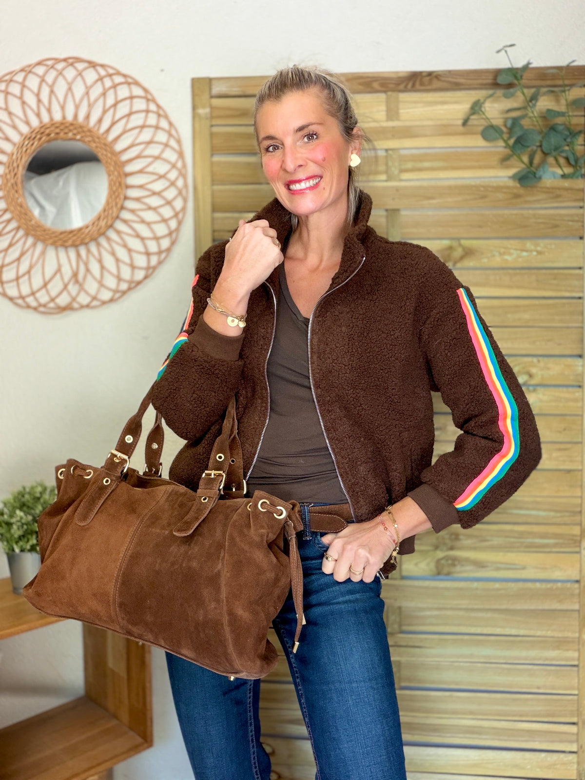 Veste Sherpa zippée bandes Arc-en-ciel CORALIE Chocolat 🌈
