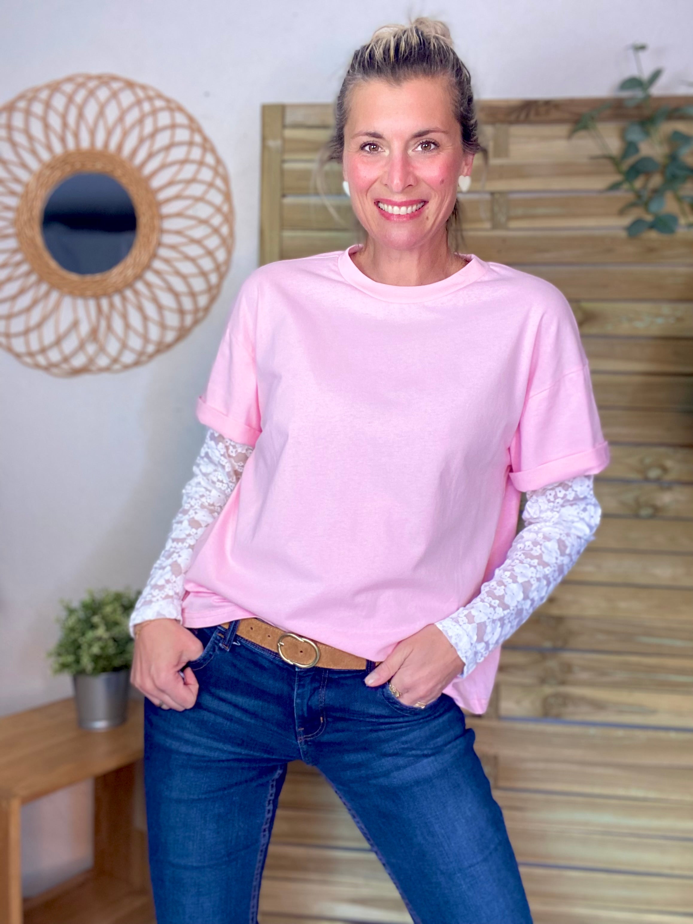 Tee shirt avec manches longues dentelle PAMELA - Rose