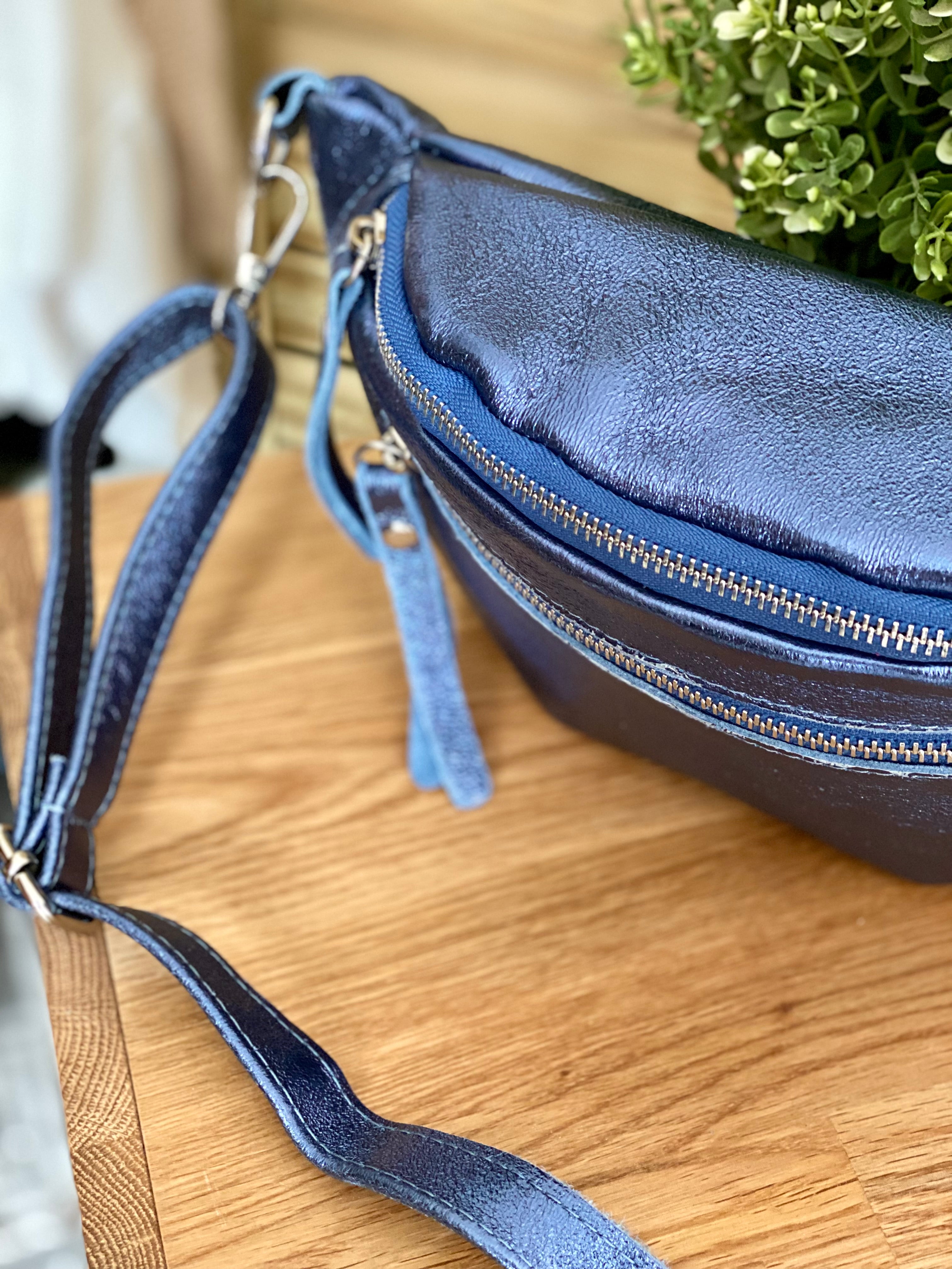 Sac banane en cuir irisé double poche - OPALE  - Bleu jean