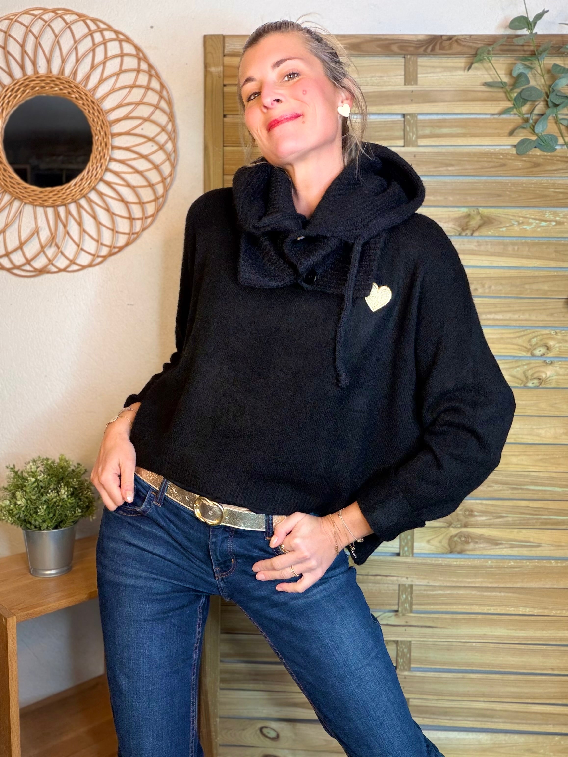 Col cagoule LORIE en maille avec bouton - Noir