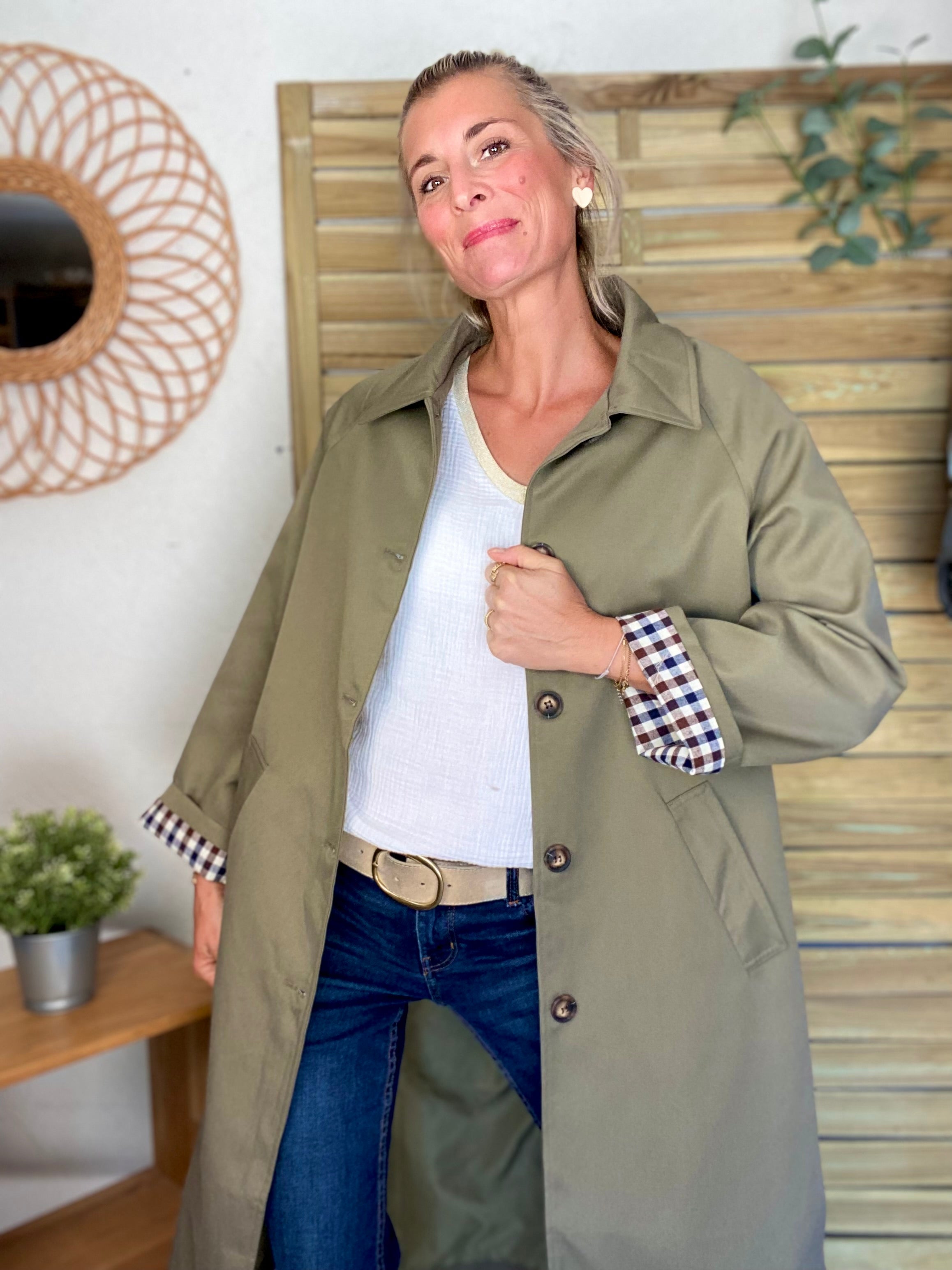 Veste Trench en coton avec vichy - YSEULT long Kaki