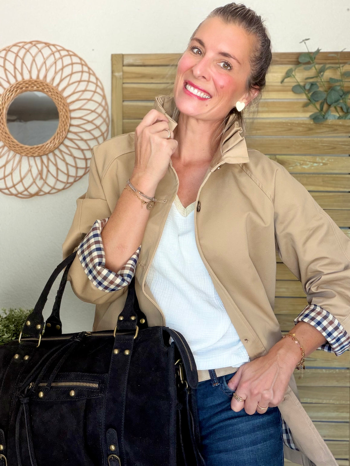 Veste Trench mi-long col victorien avec carreaux - ANDY Beige taupe