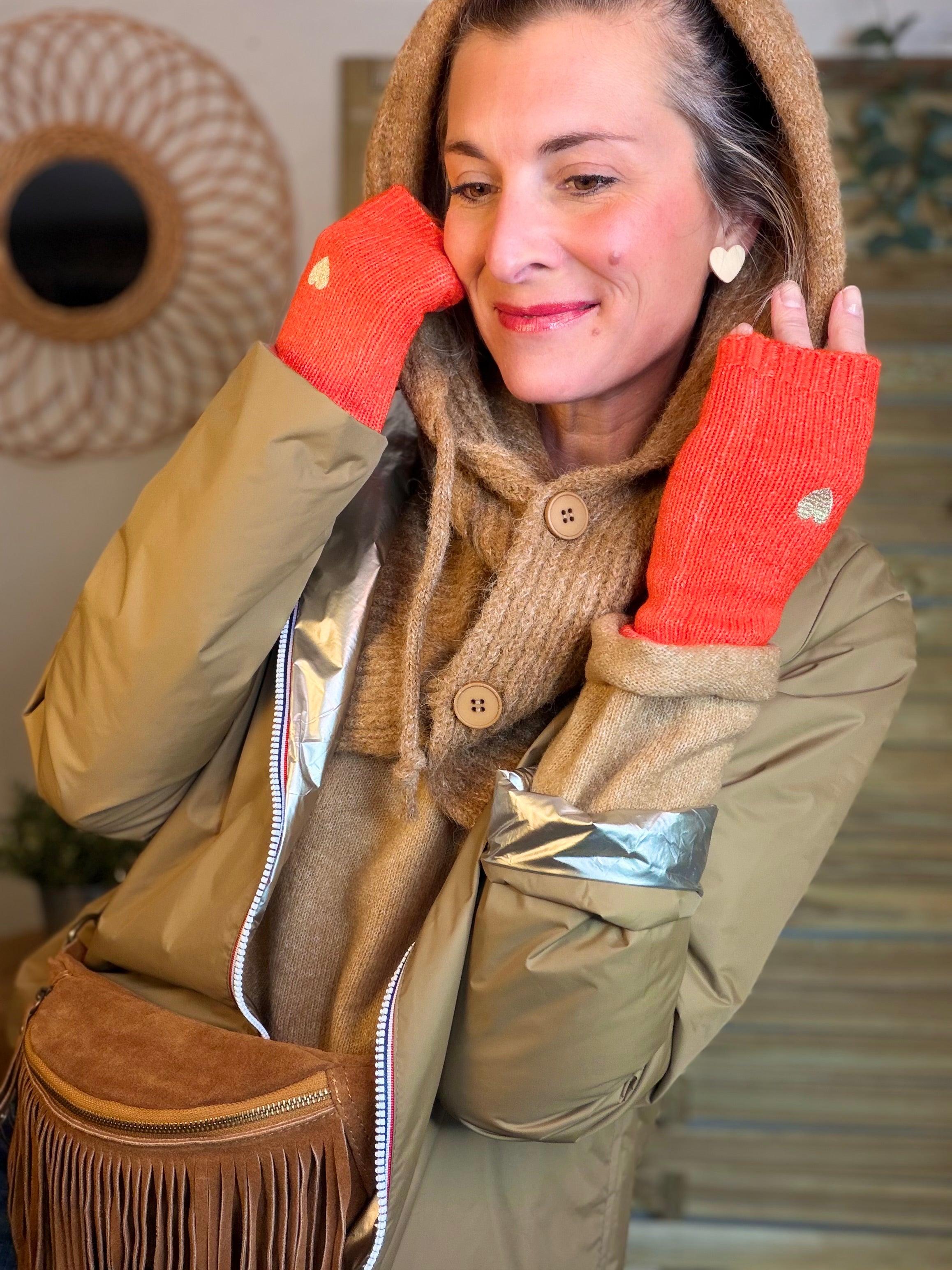 Col cagoule LORIE en maille avec bouton - Camel