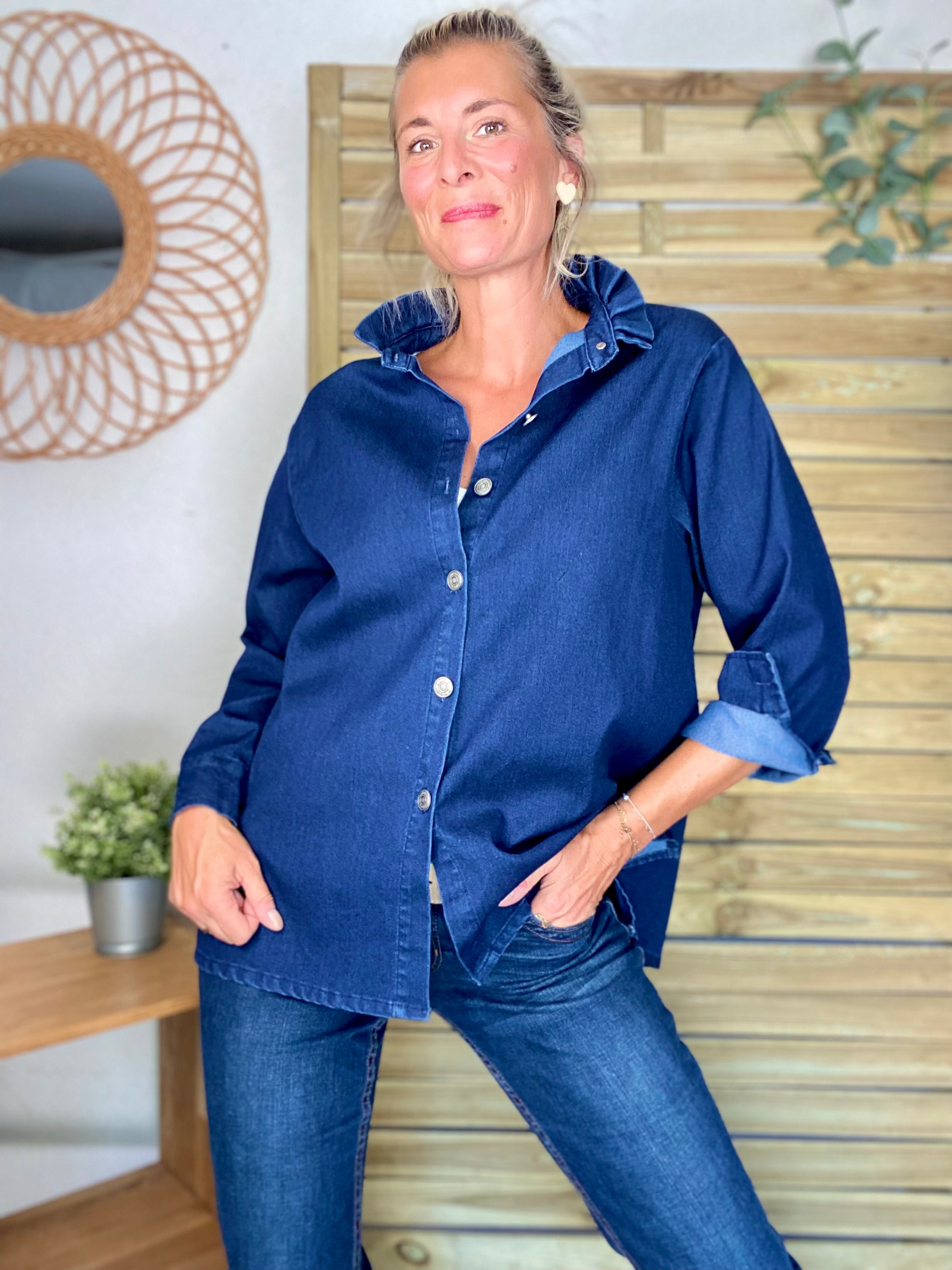 Veste / Chemise en coton, col volanté Bleu Jean LISON