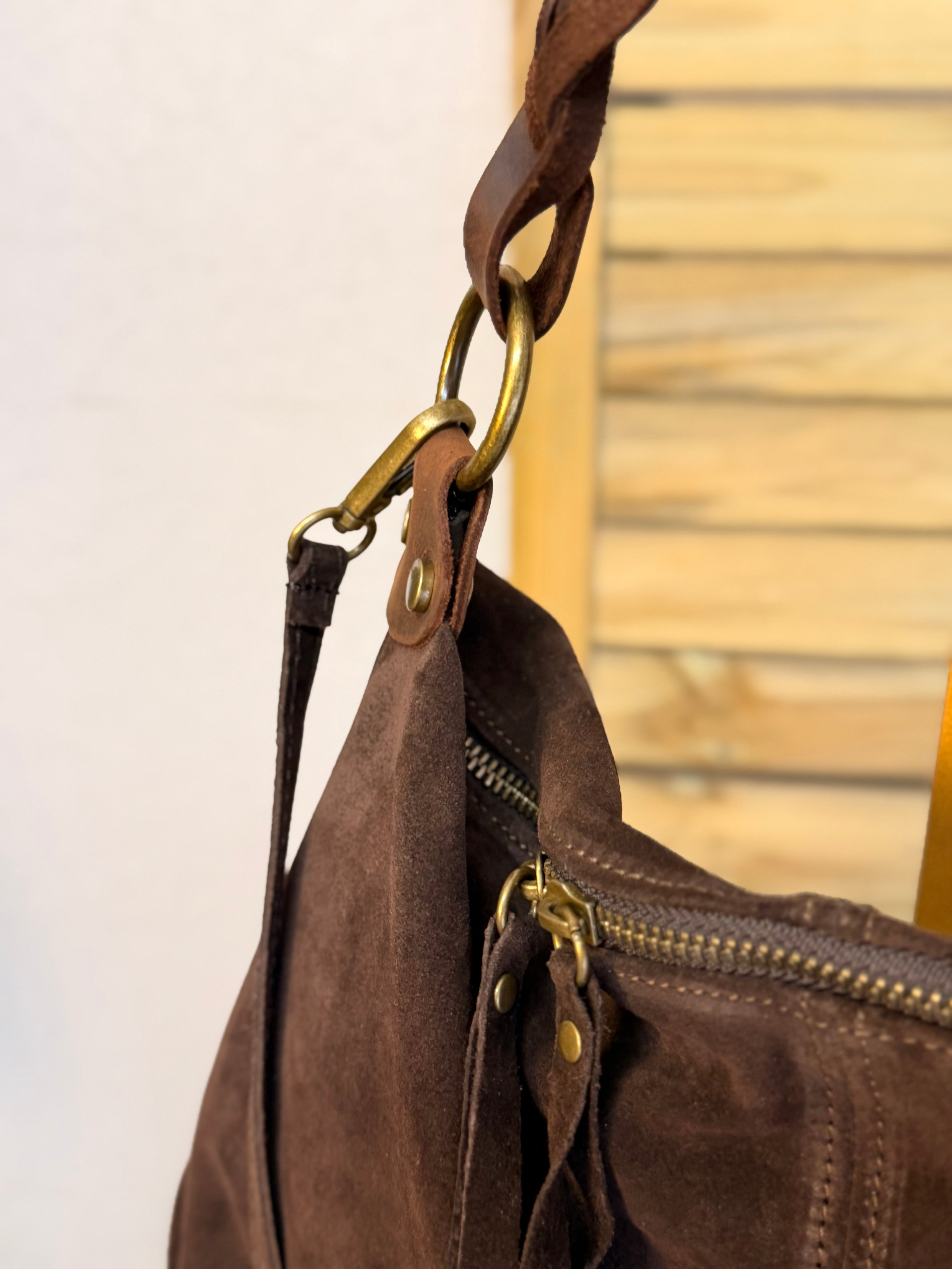 Sac hobo en cuir daim souple, double bandoulière ANDREW Chocolat