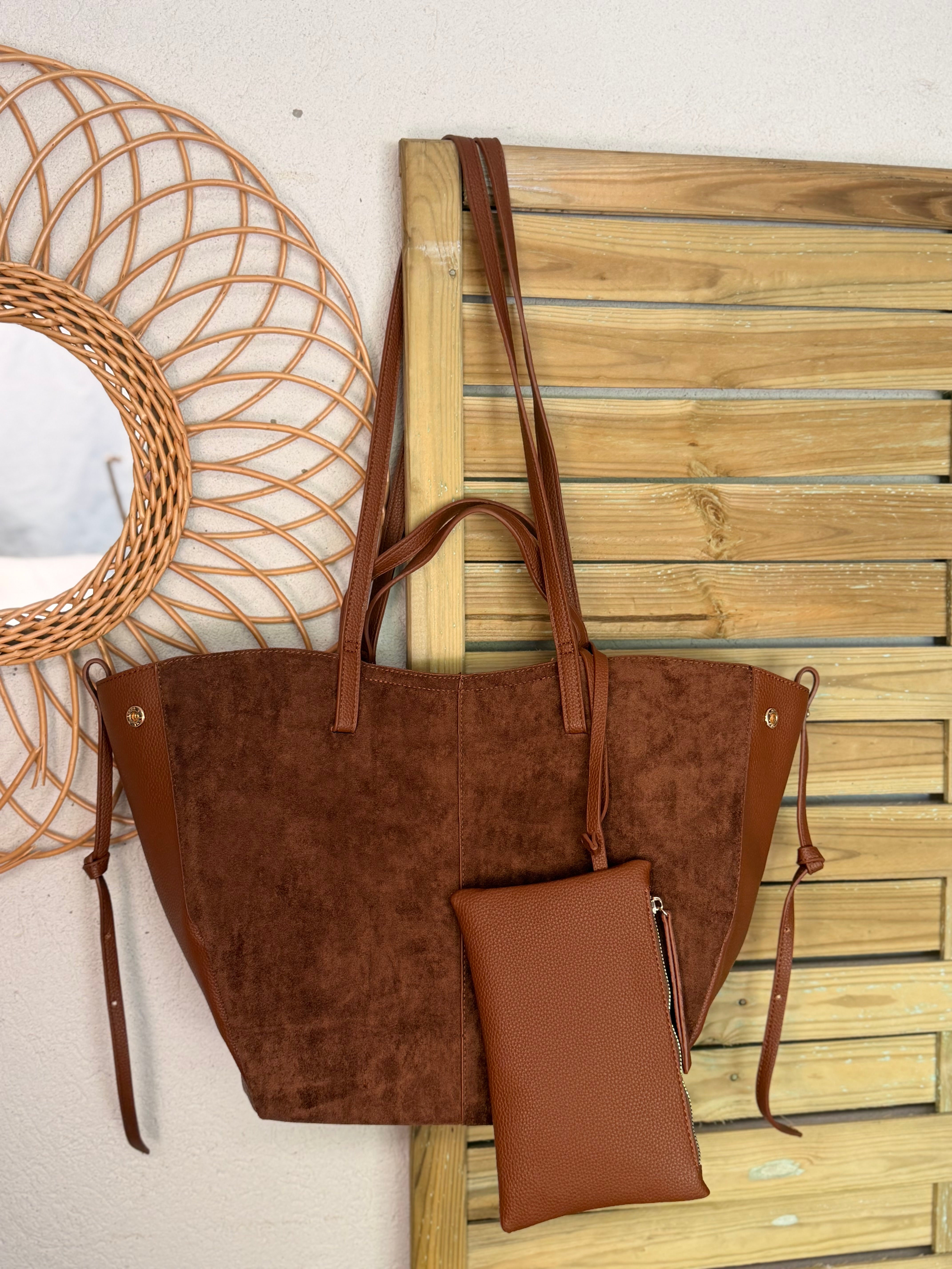 Grand Sac cabas 2 en 1 en simili daim - PAULE Camel