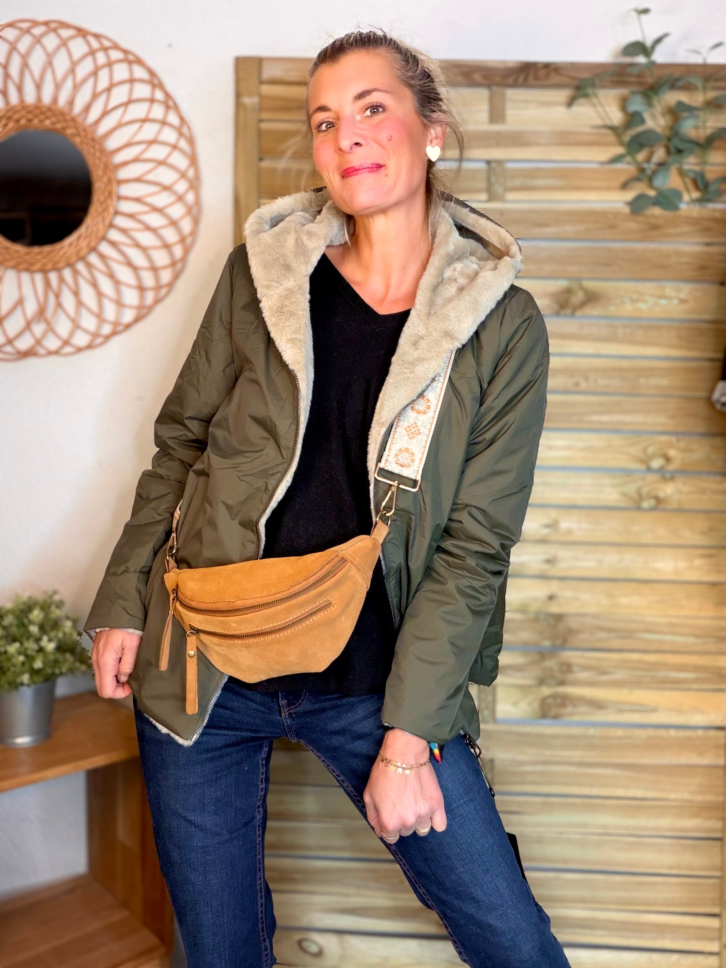 Parka Imperméable réversible fourrée Kaki / Beige ALIX Court - LAURA JO