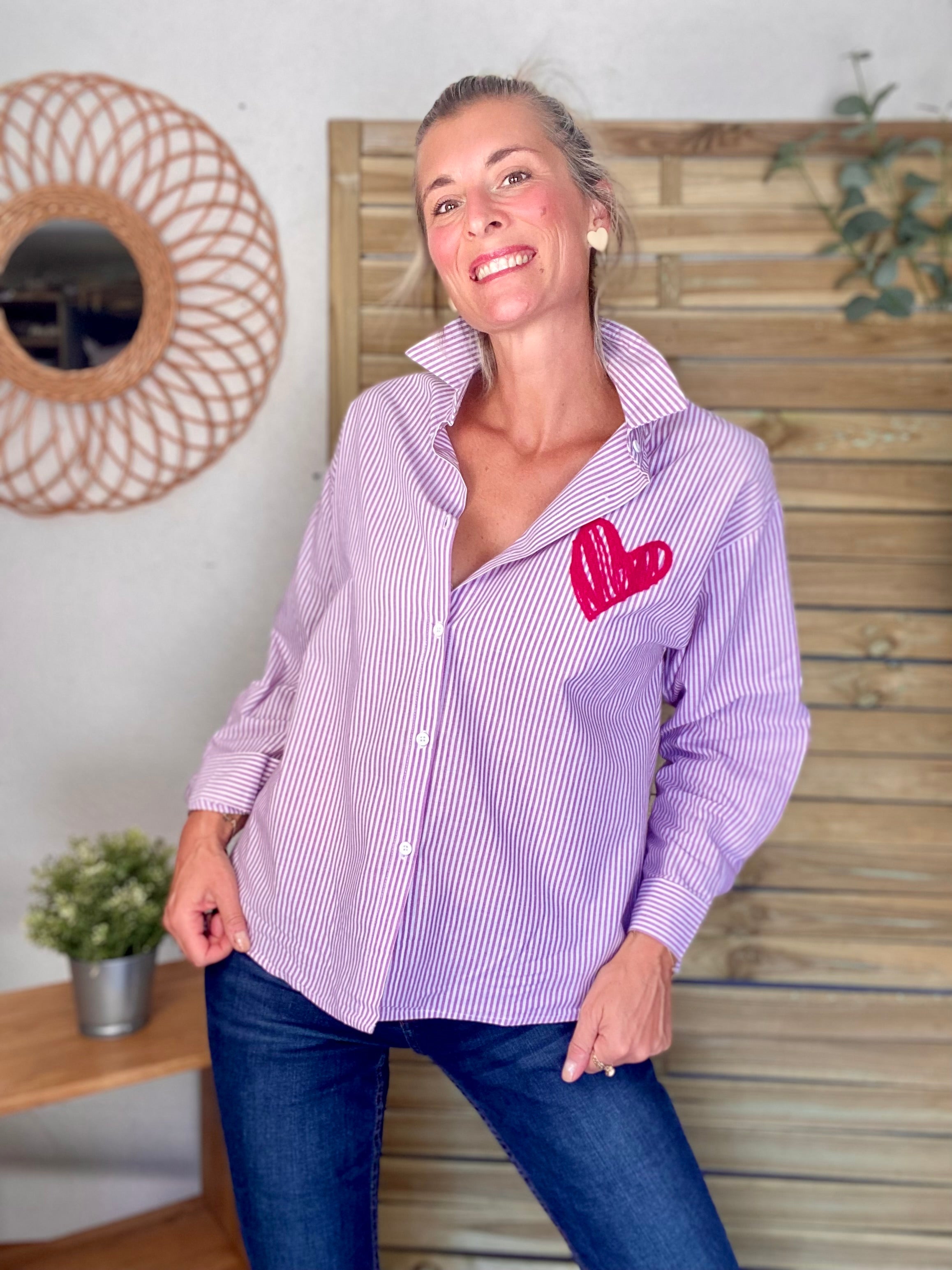 Chemise rayée brodée LOVE multico LANA - Rose cerise