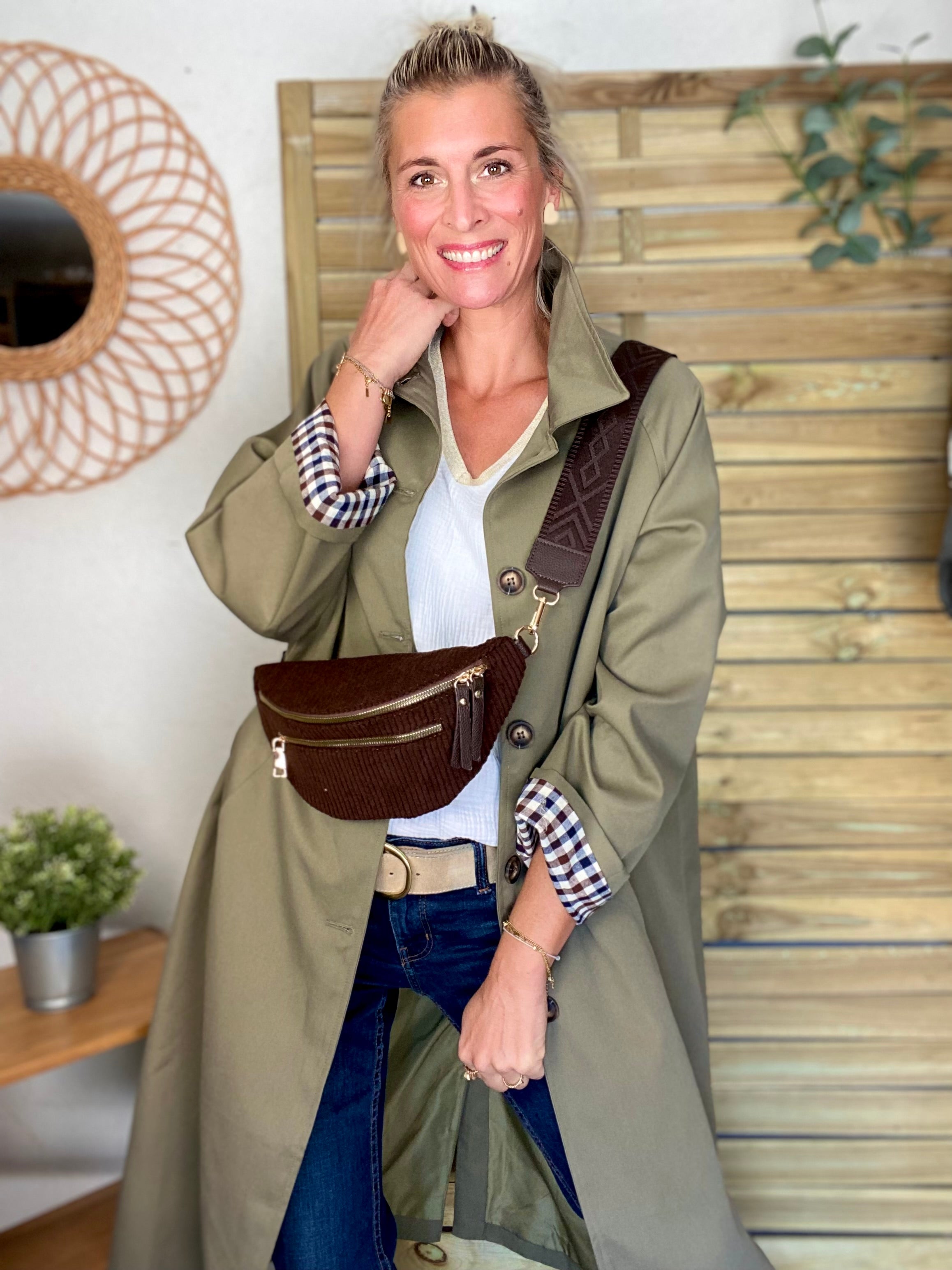 Veste Trench en coton avec vichy - YSEULT long Kaki