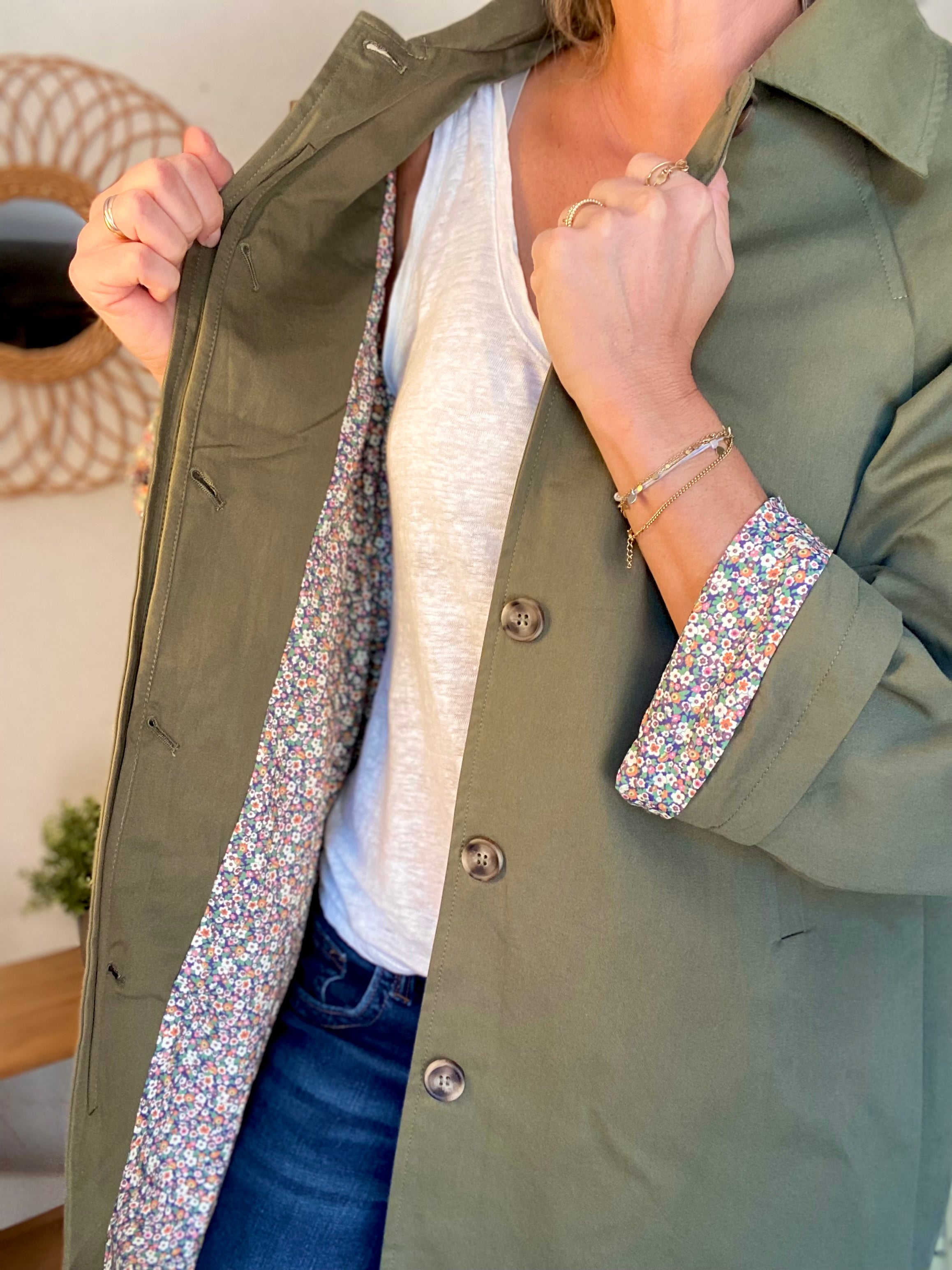 Veste Trench en coton kaki avec Liberty - MAHAUT LONG