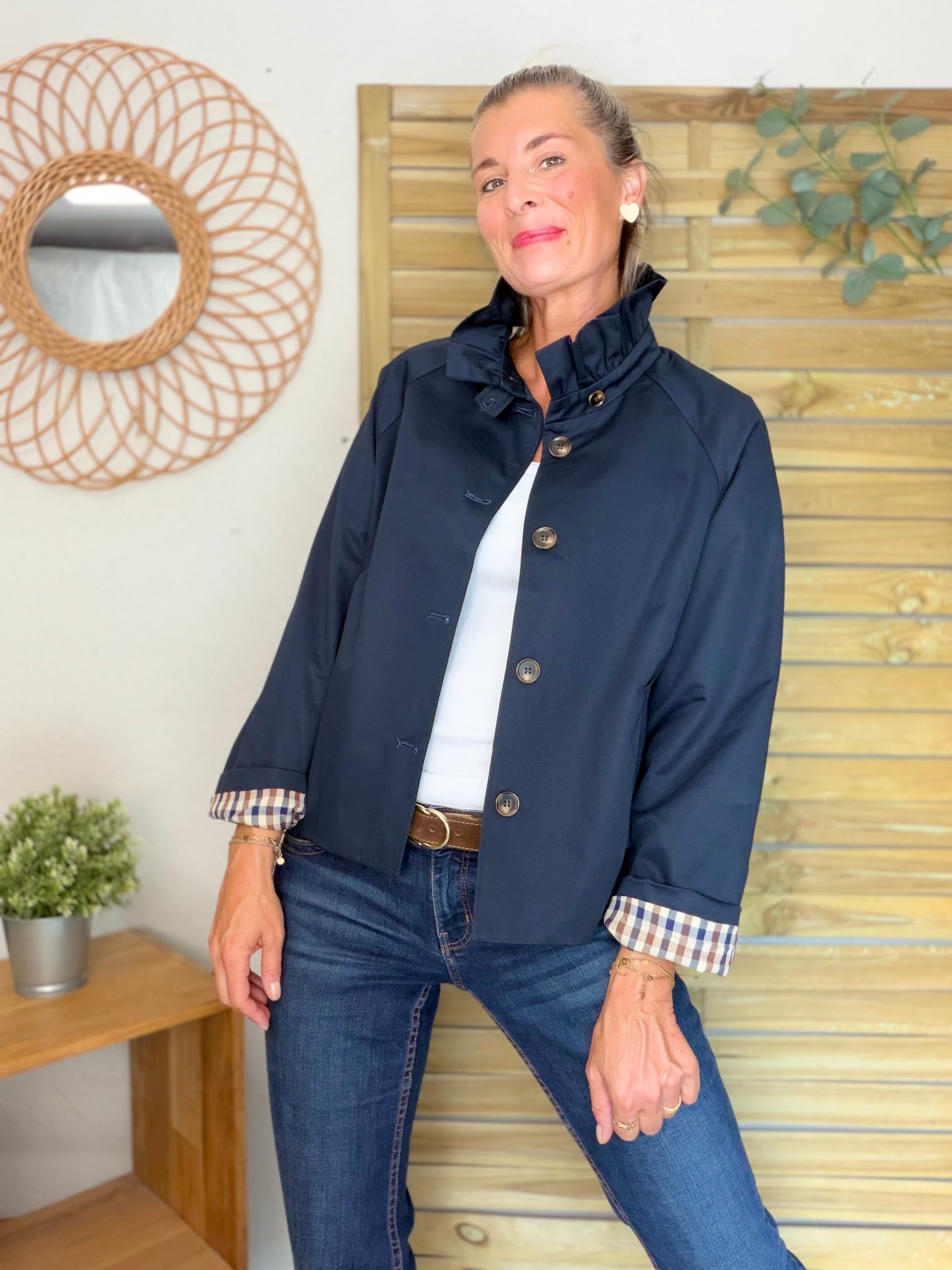 Veste Trench col victorien, doublure carreaux - VICTORIA Bleu marine