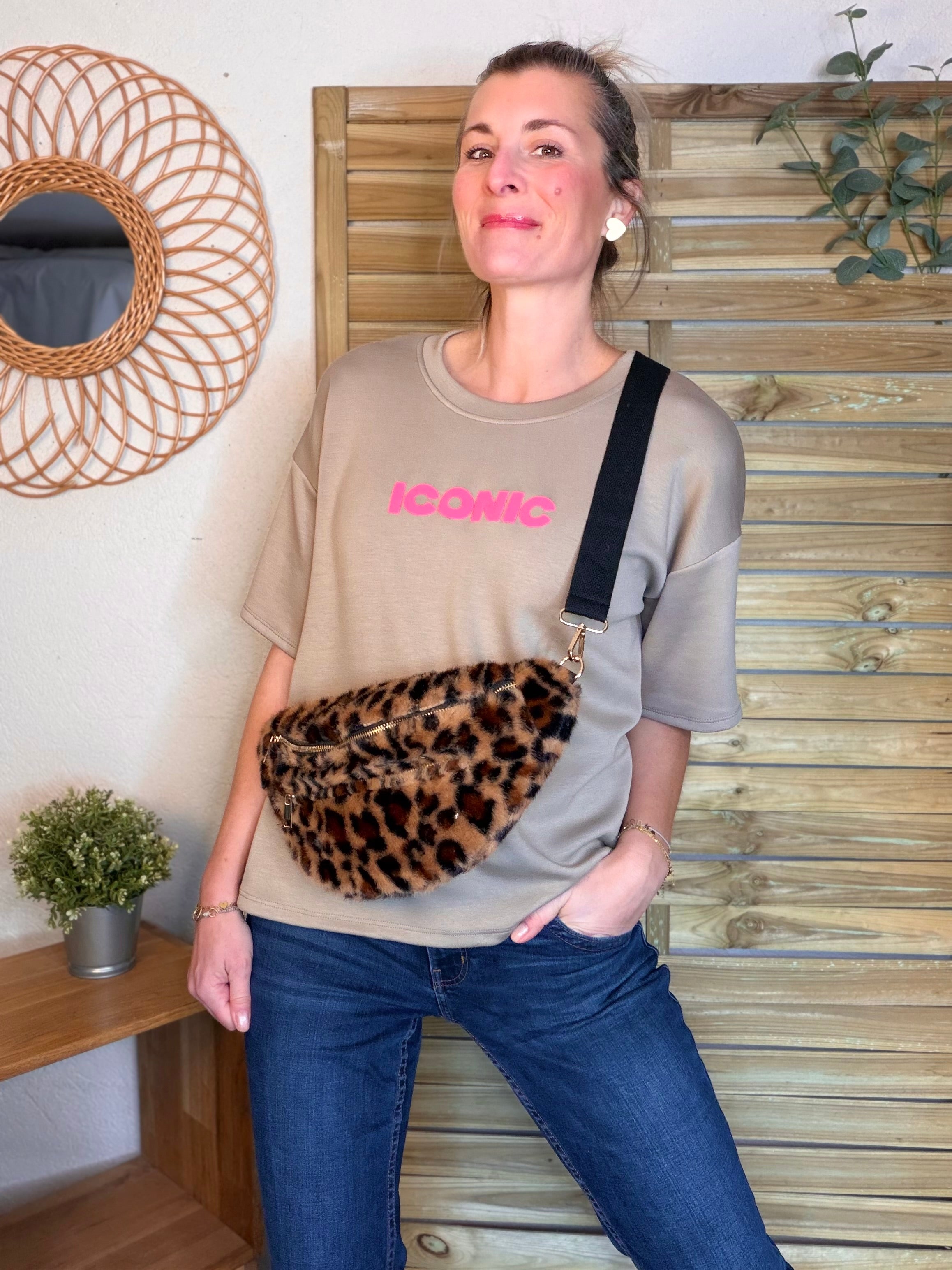 Sac banane L avec poche zippée avant, fourrure Léo Camel - STACEY 🐆