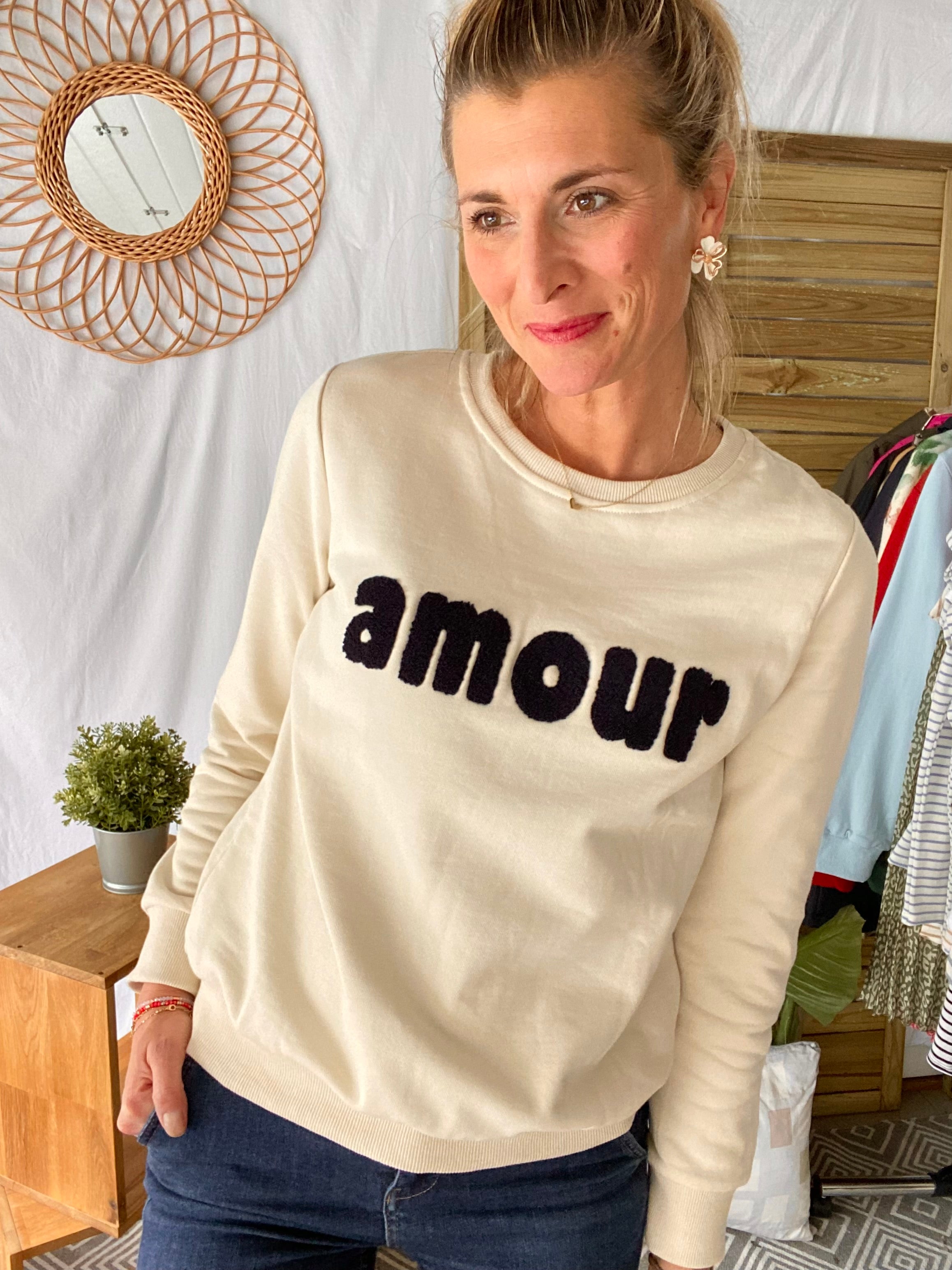 Sweat amour en coton GABRIELLE - Écru/marine - FIN DE SÉRIE
